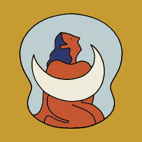 Un dibujo de un hombre con una media luna alrededor del cuello