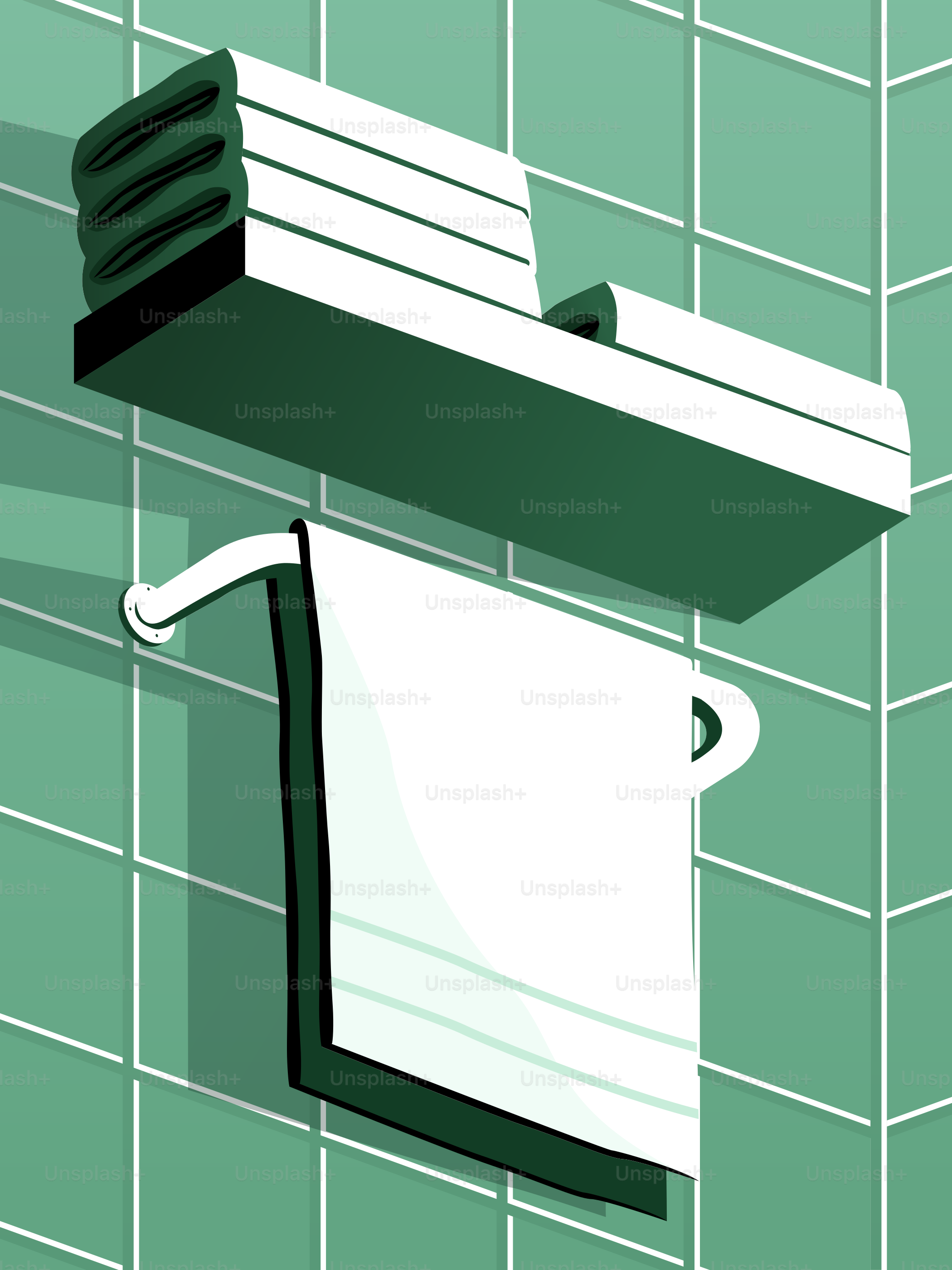 A green tiled wall with two white towels hanging on it