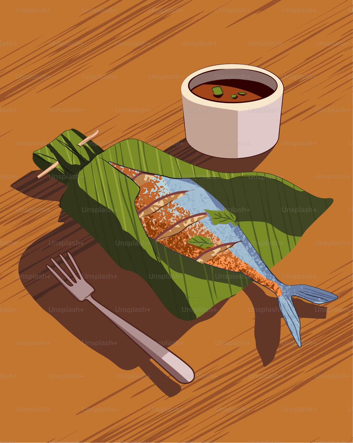 A picture of a fish on a leaf next to a bowl of soup