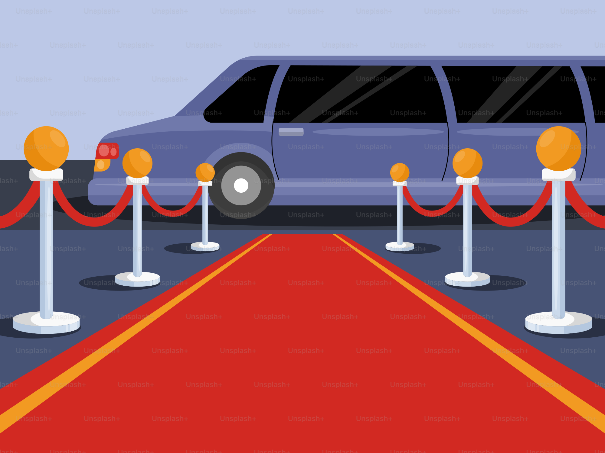 Ein blauer Van parkte vor einem roten Teppich