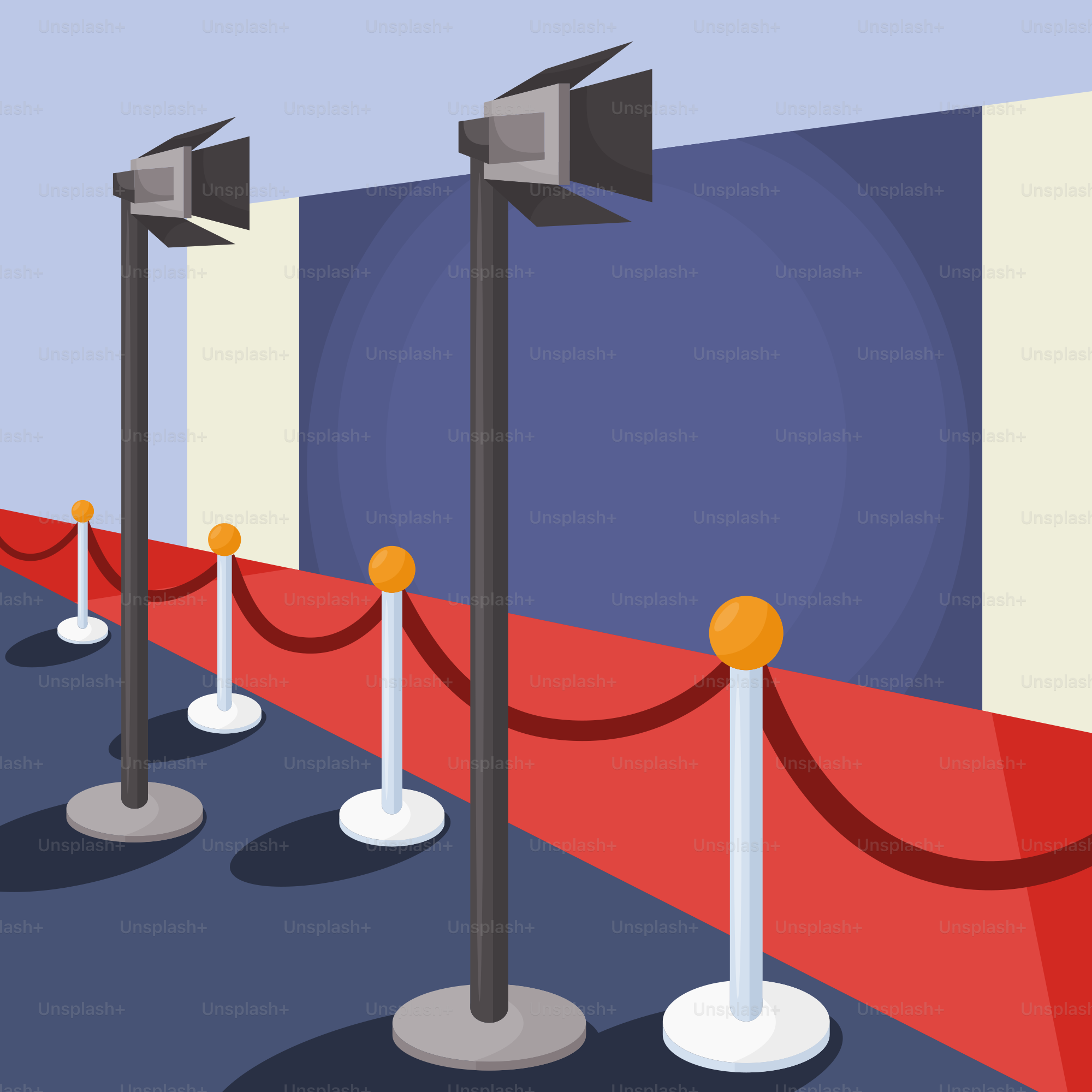 A row of barriers with a red carpet and a blue wall behind them