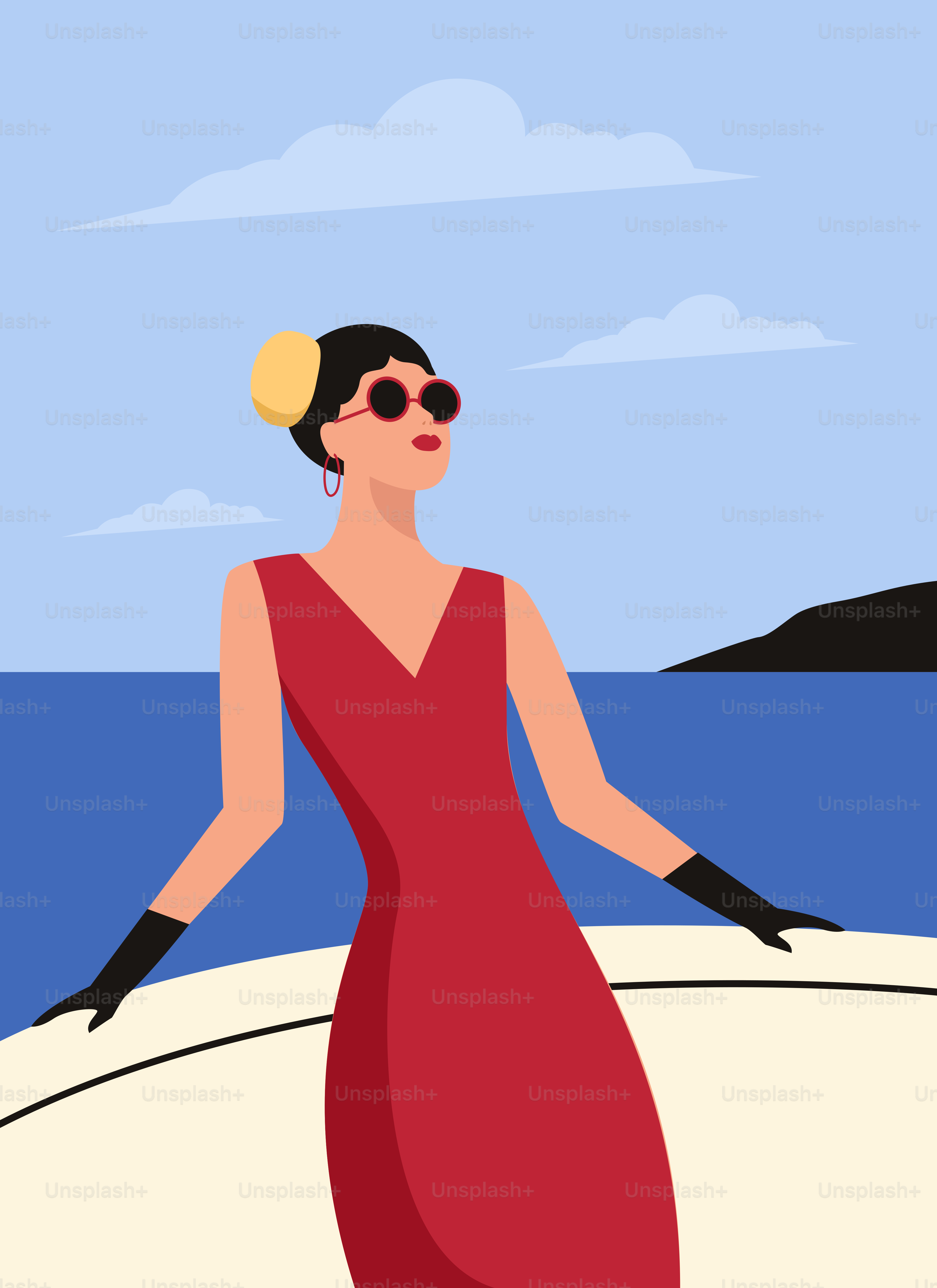 A woman in a red dress is standing on the beach