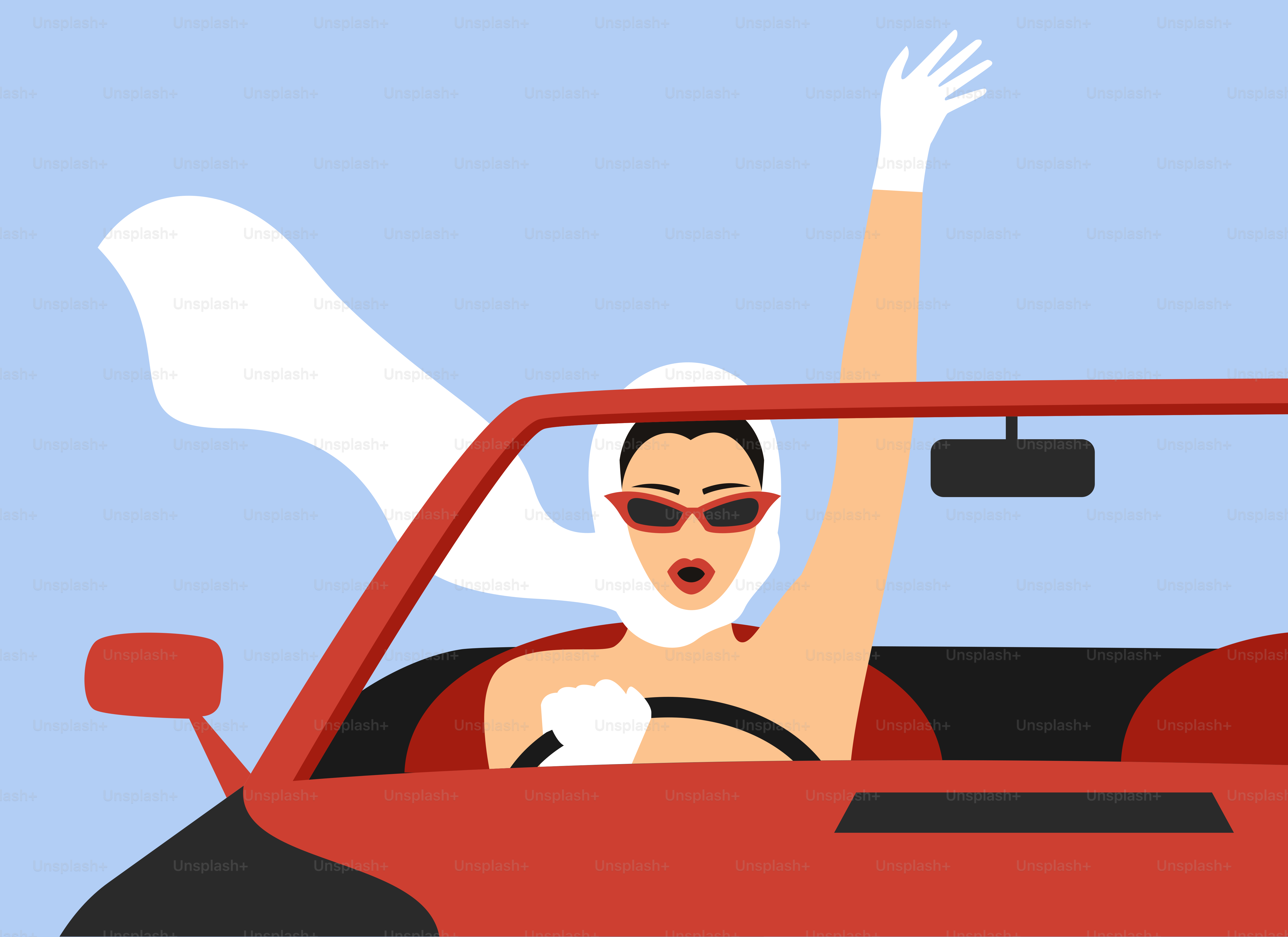 Eine Frau, die ein rotes Auto fährt und die Arme in die Luft streckt