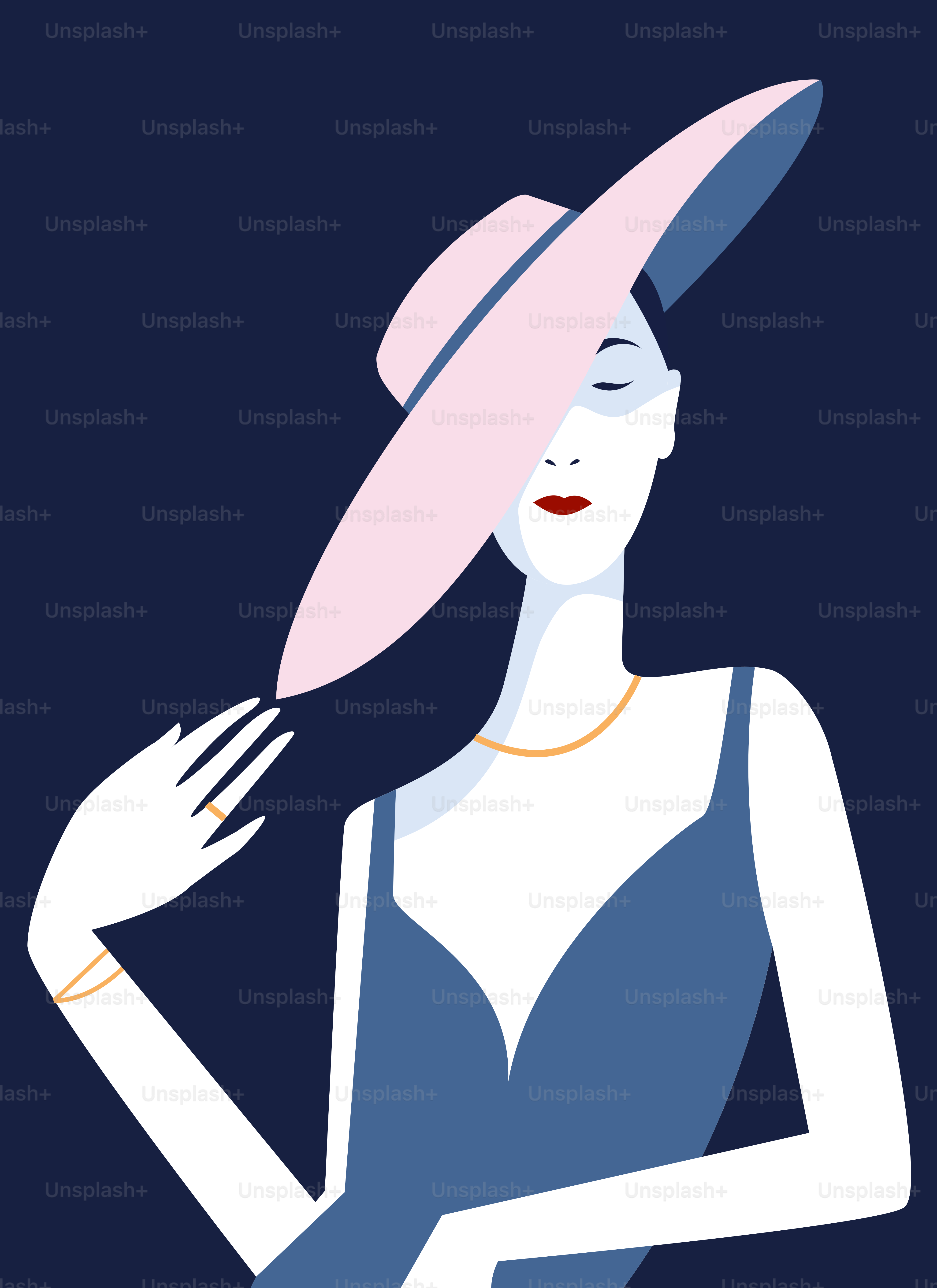 Une femme en robe bleue et chapeau rose