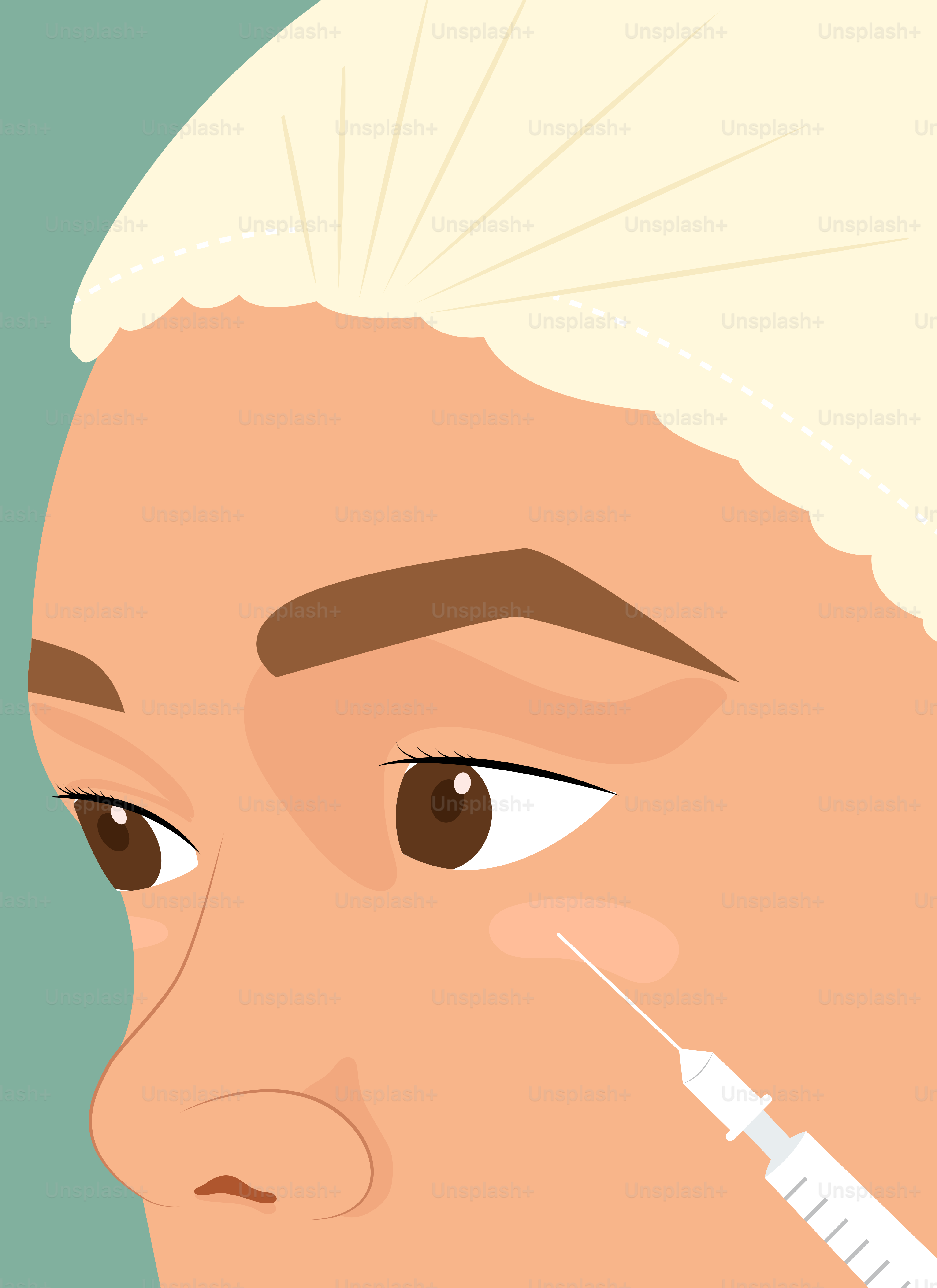 A woman with a bandage on her head and a sy in her mouth