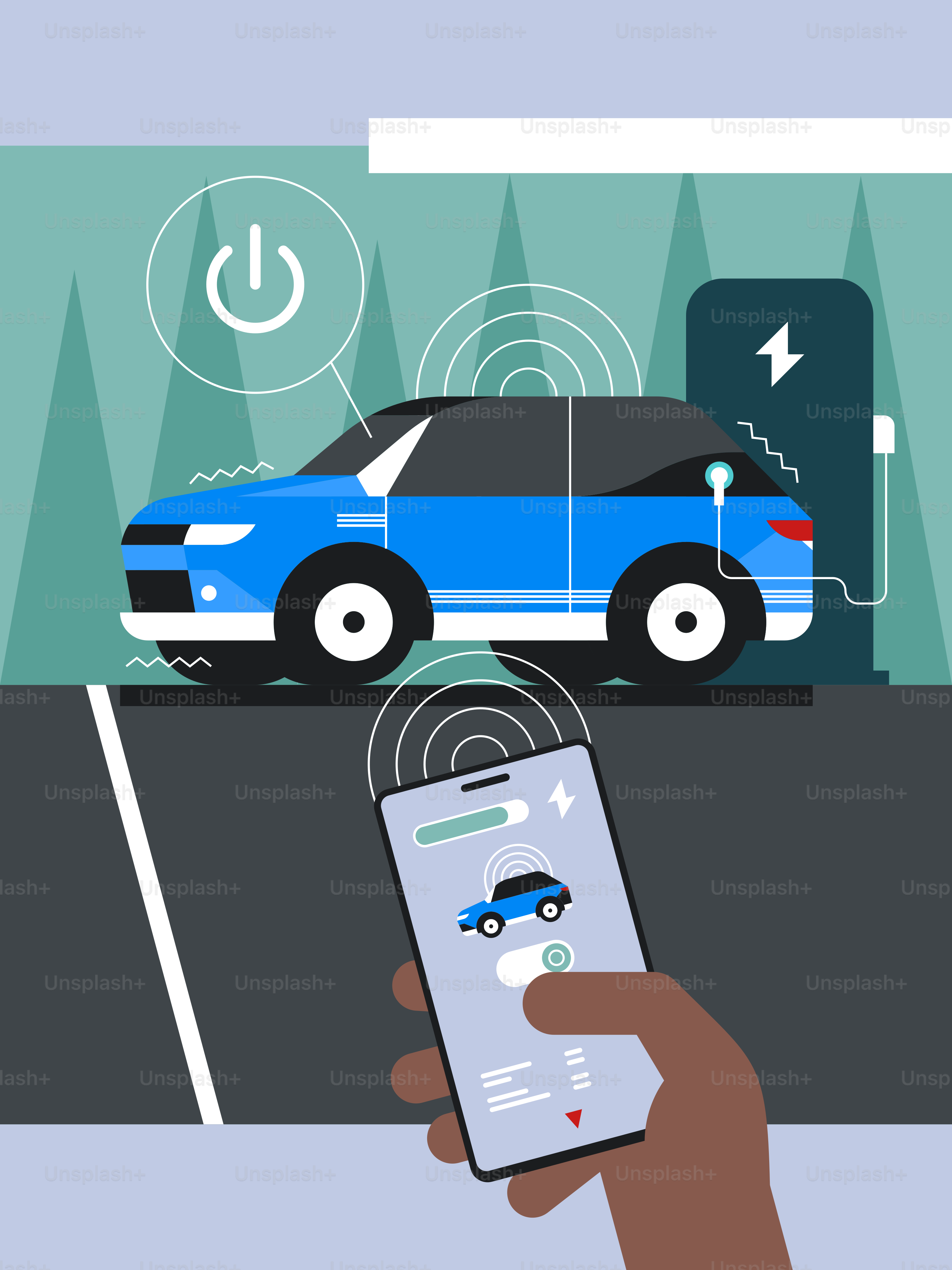 Eine Person mit einem Handy vor einem Auto