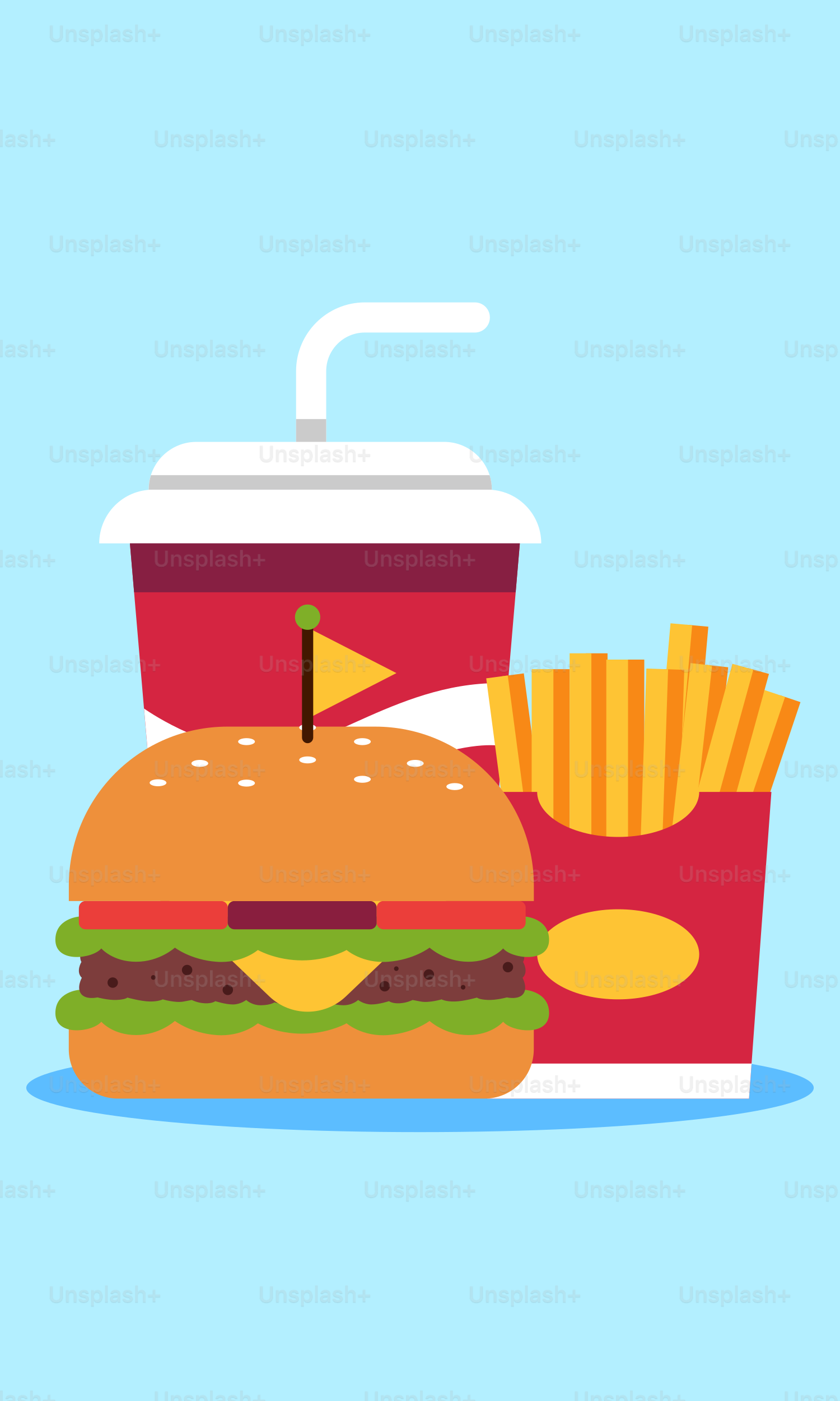 A hamburger, french fries and a drink on a blue background