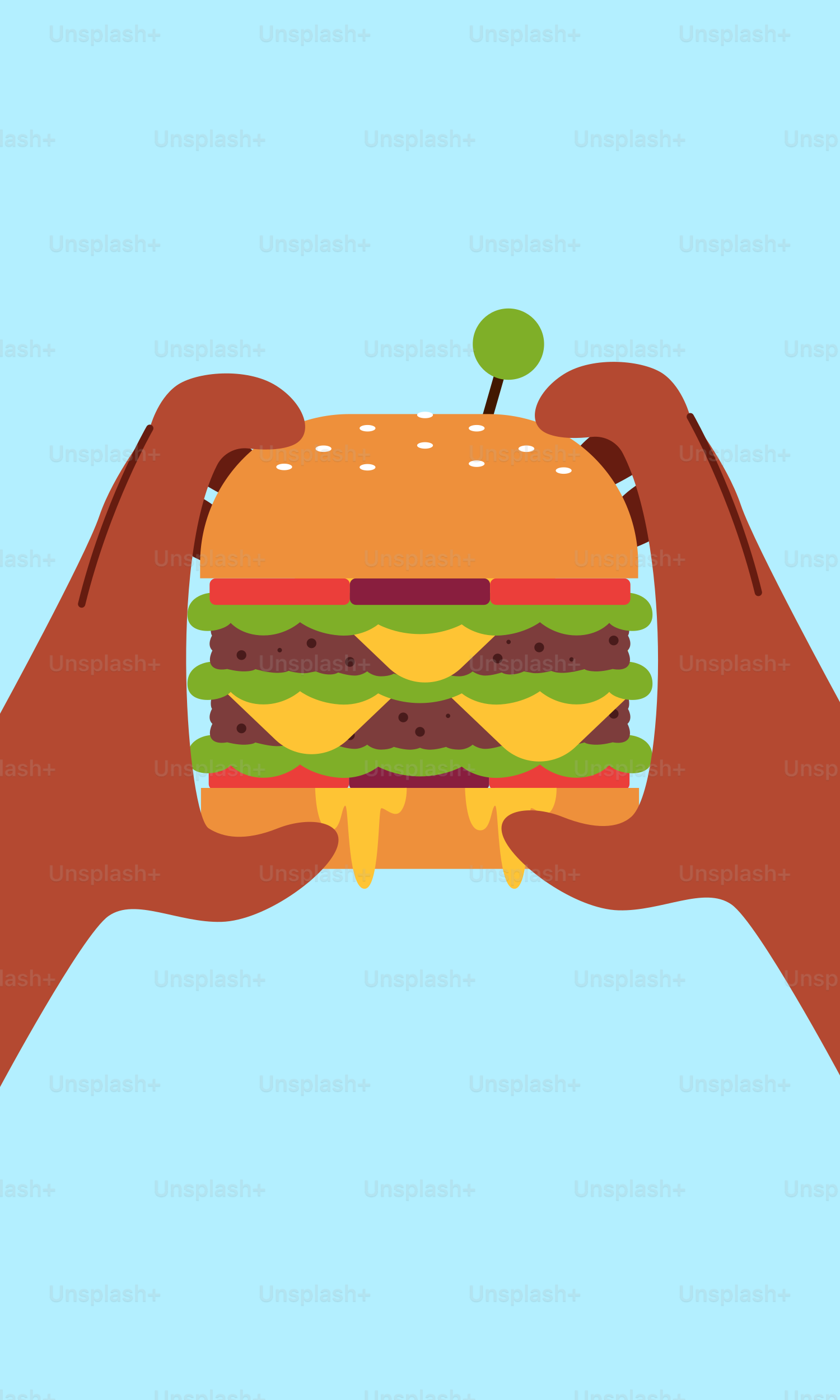 A hand holding a hamburger in the air