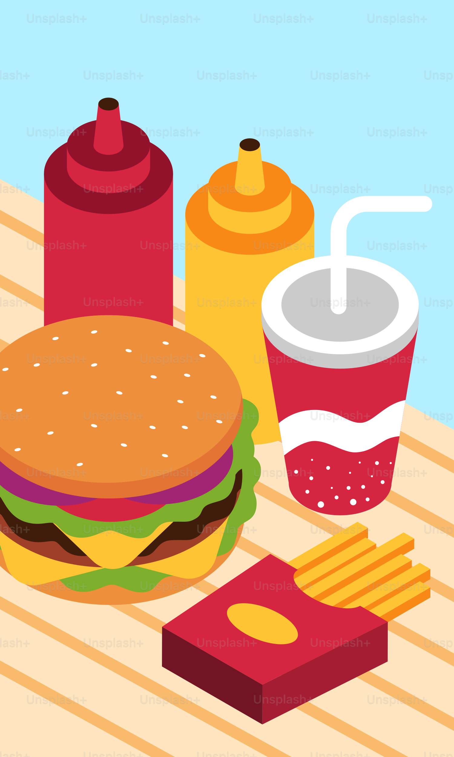 A hamburger, french fries, ketchup, and a drink on a table