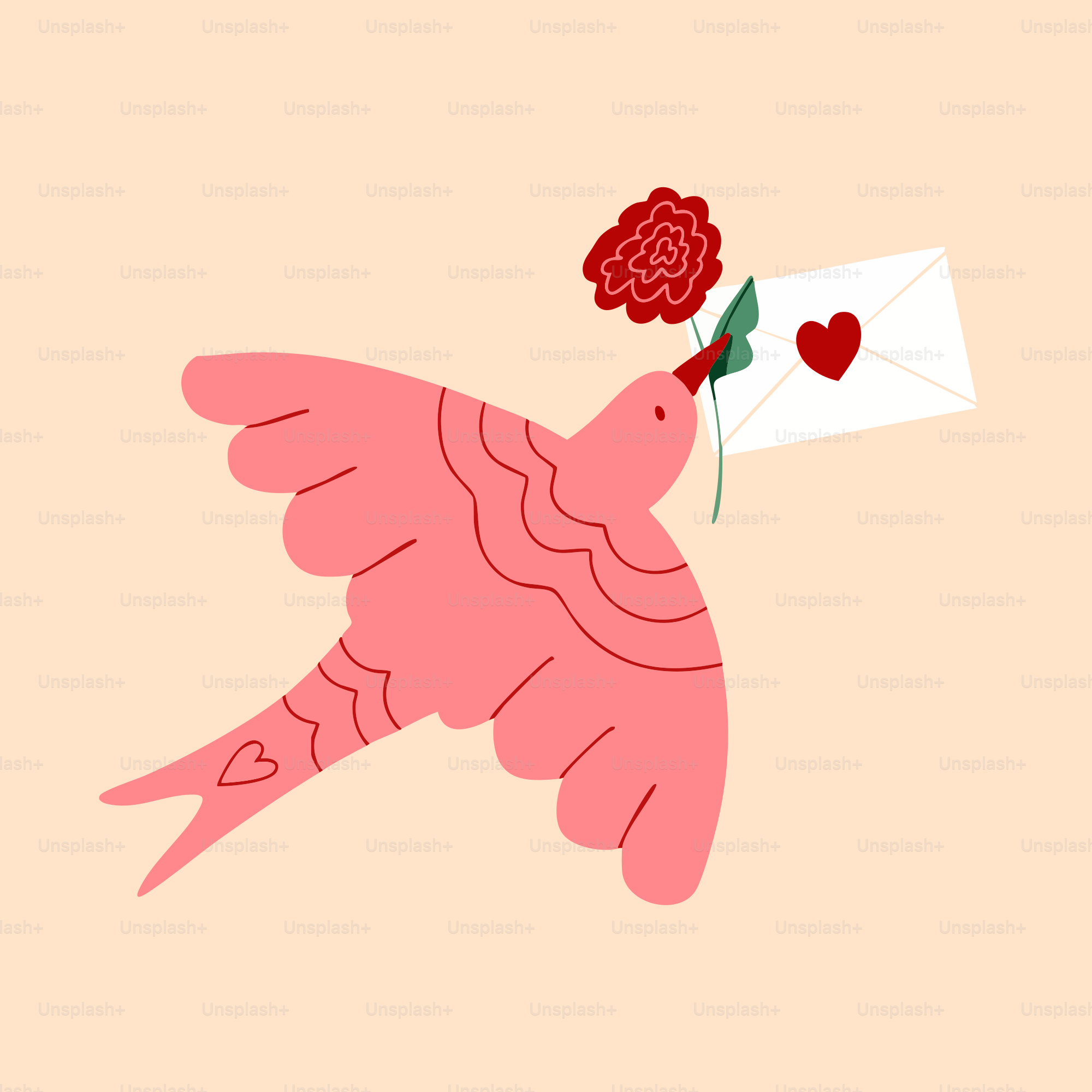A pink bird with a rose in its beak