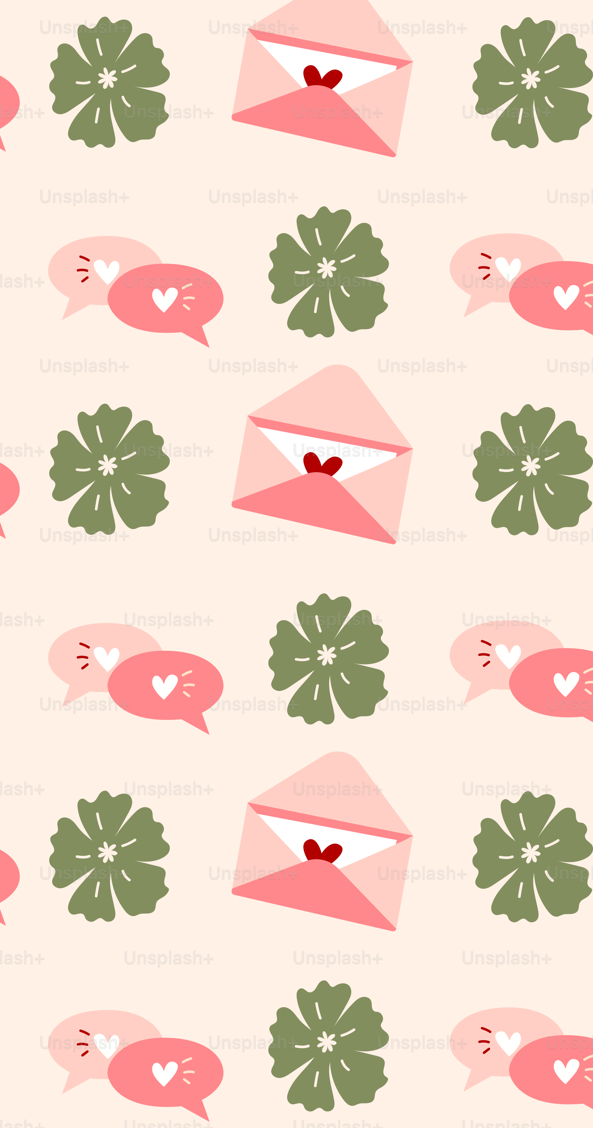 A pattern of pink envelopes and green leaves