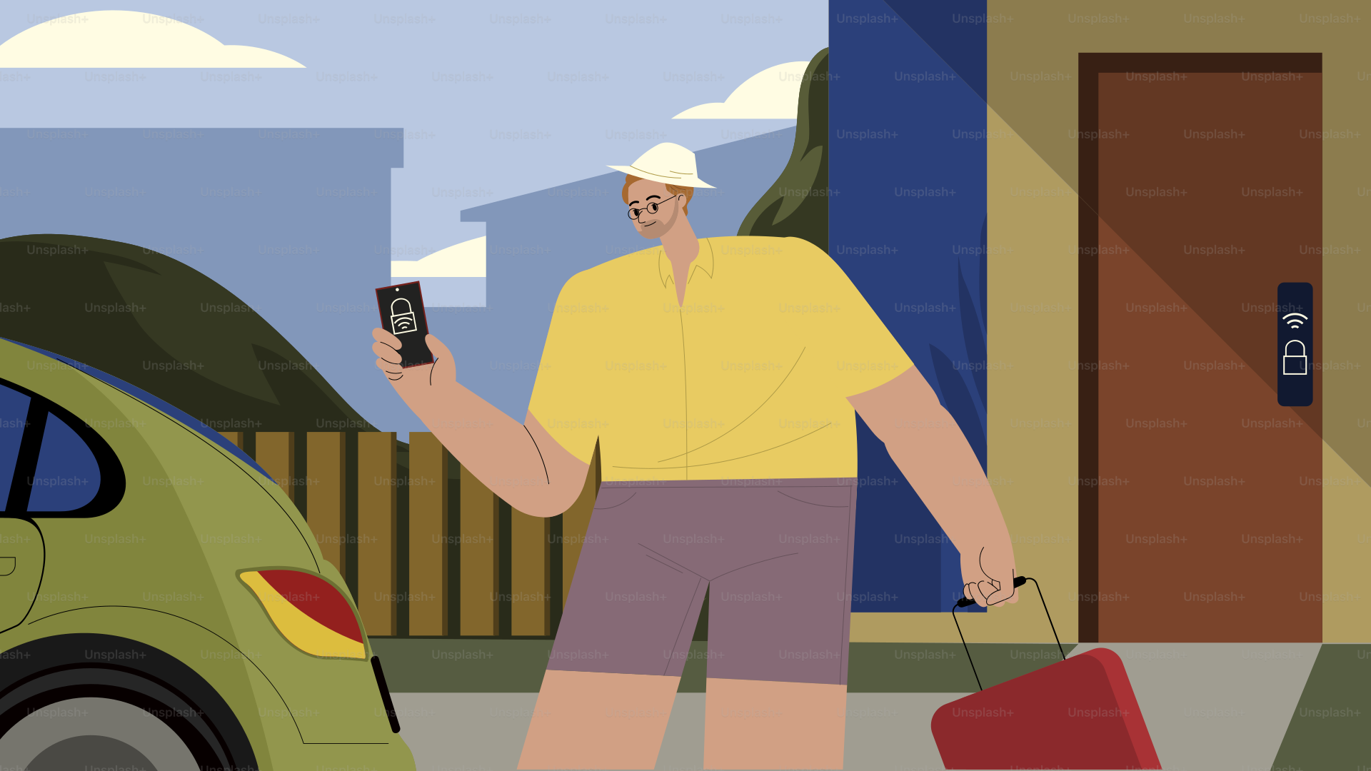 A man standing next to a green car holding a cell phone