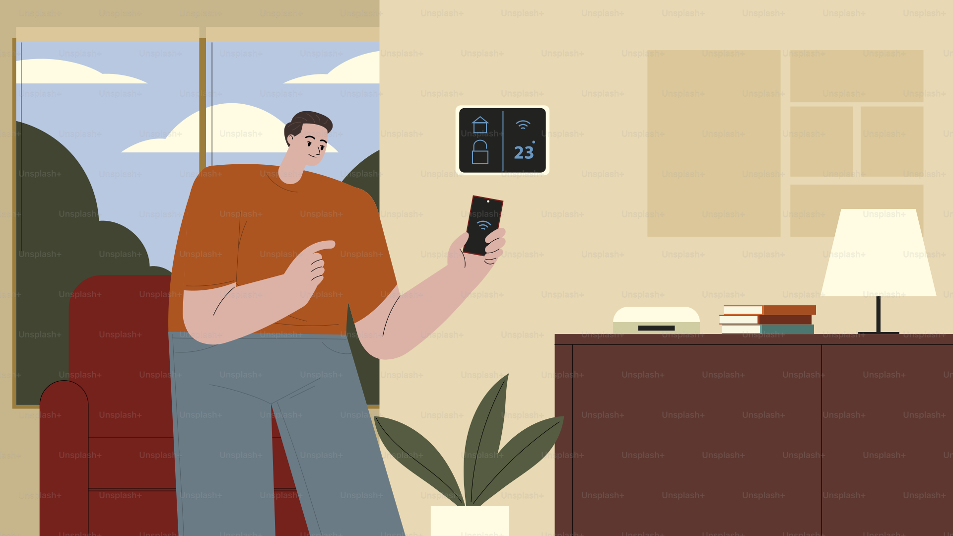 A man standing in a living room holding a cell phone