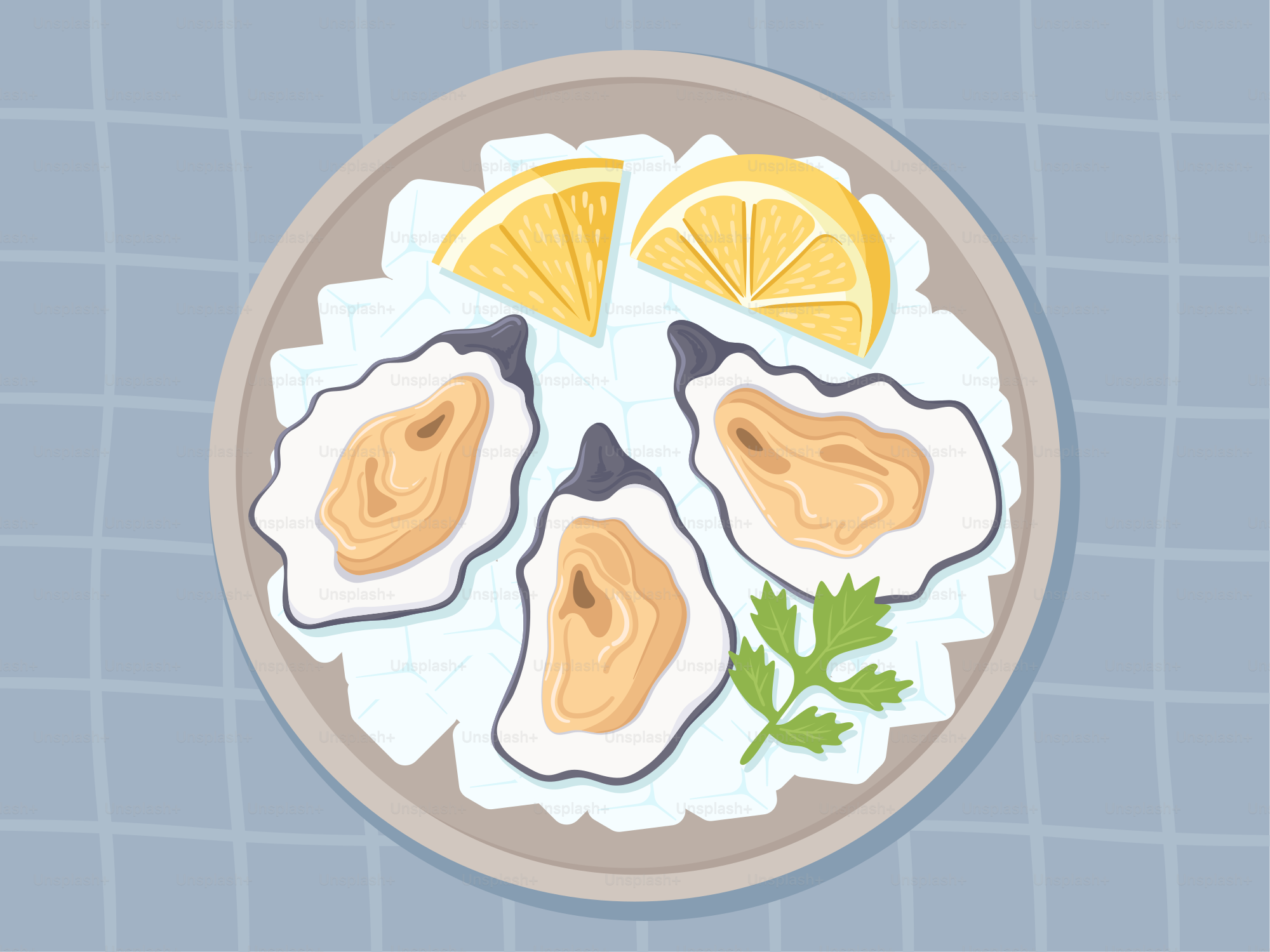 A plate of oysters with lemon wedges and parsley