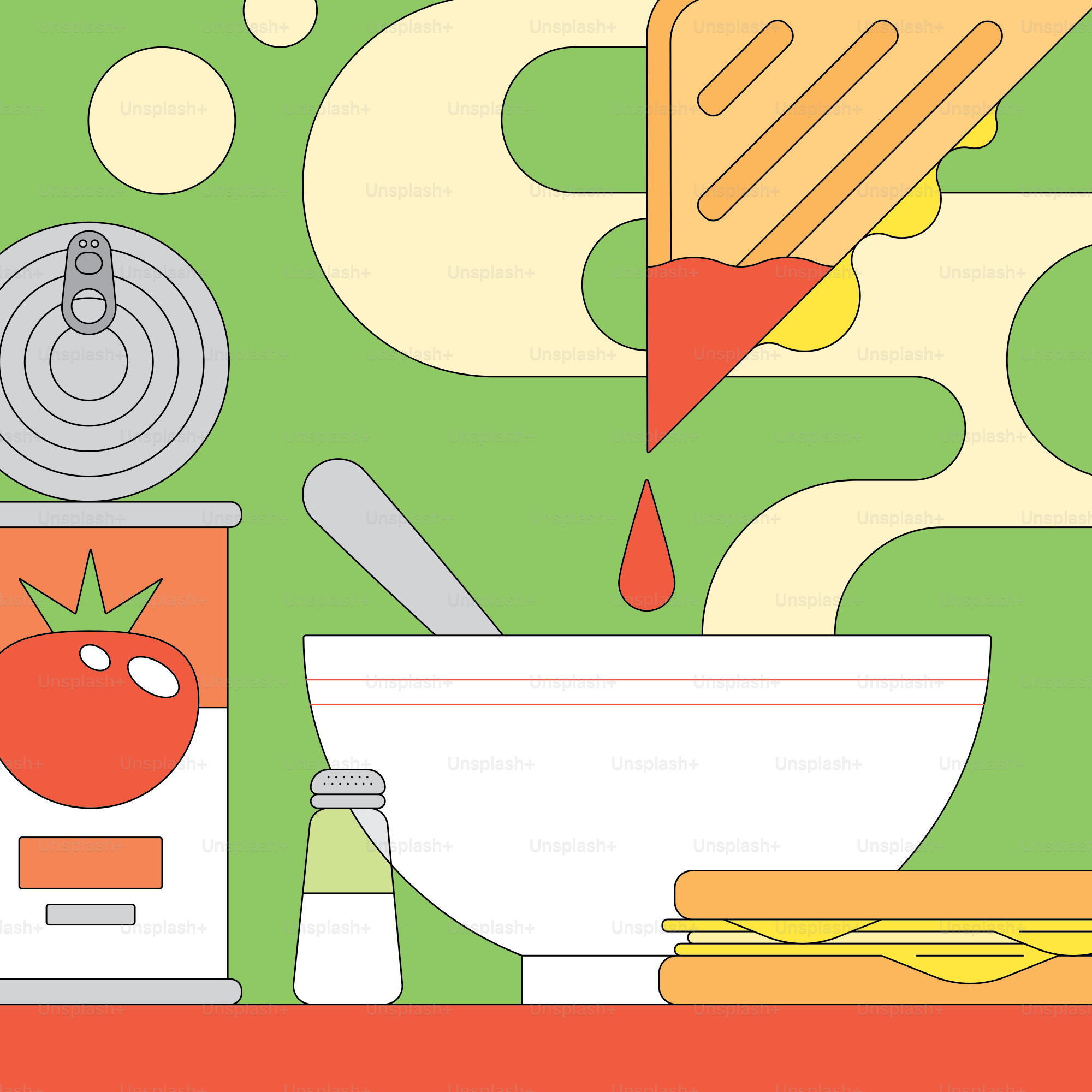 A kitchen scene with a bowl of food and utensils