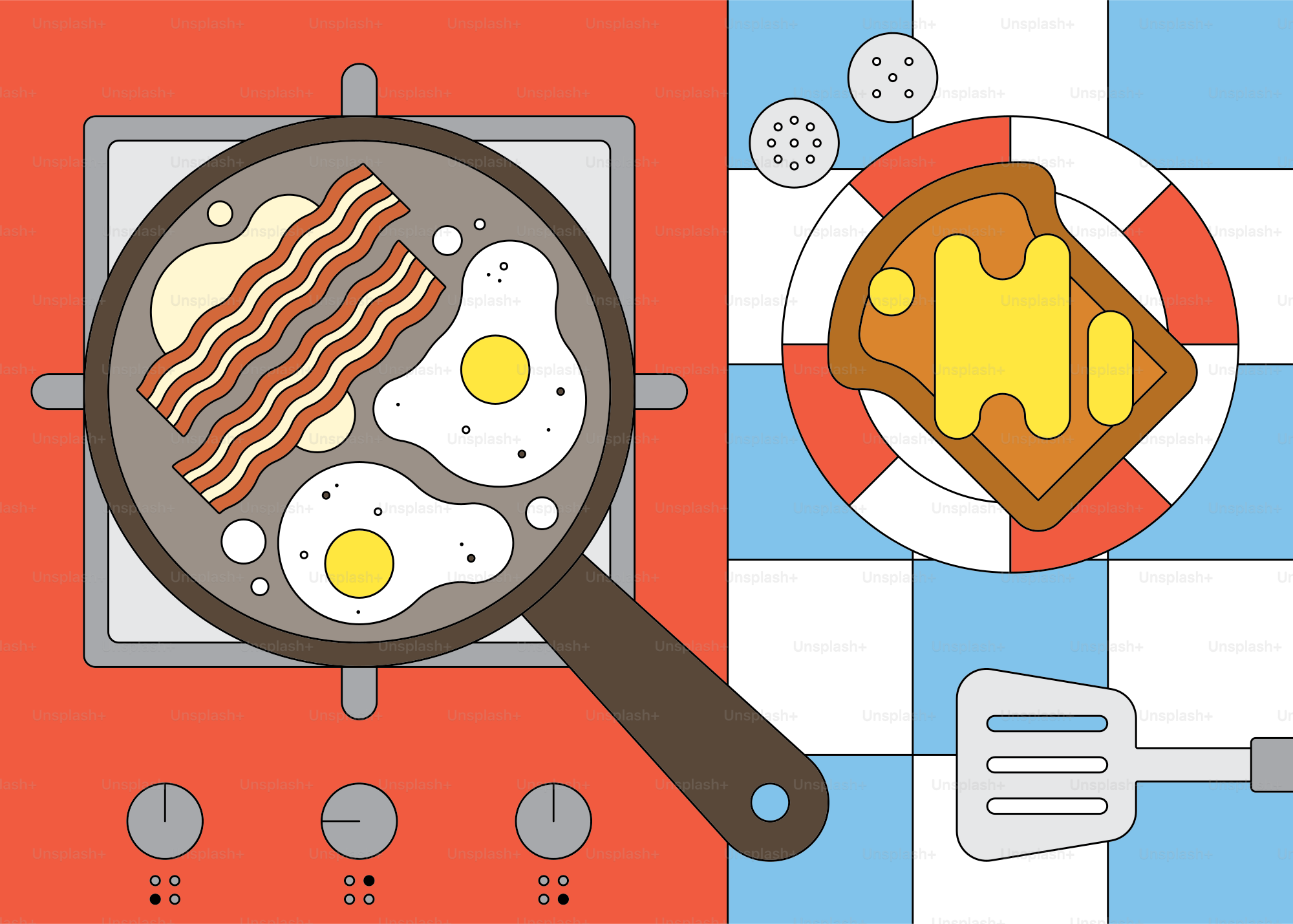 A frying pan filled with eggs and bacon