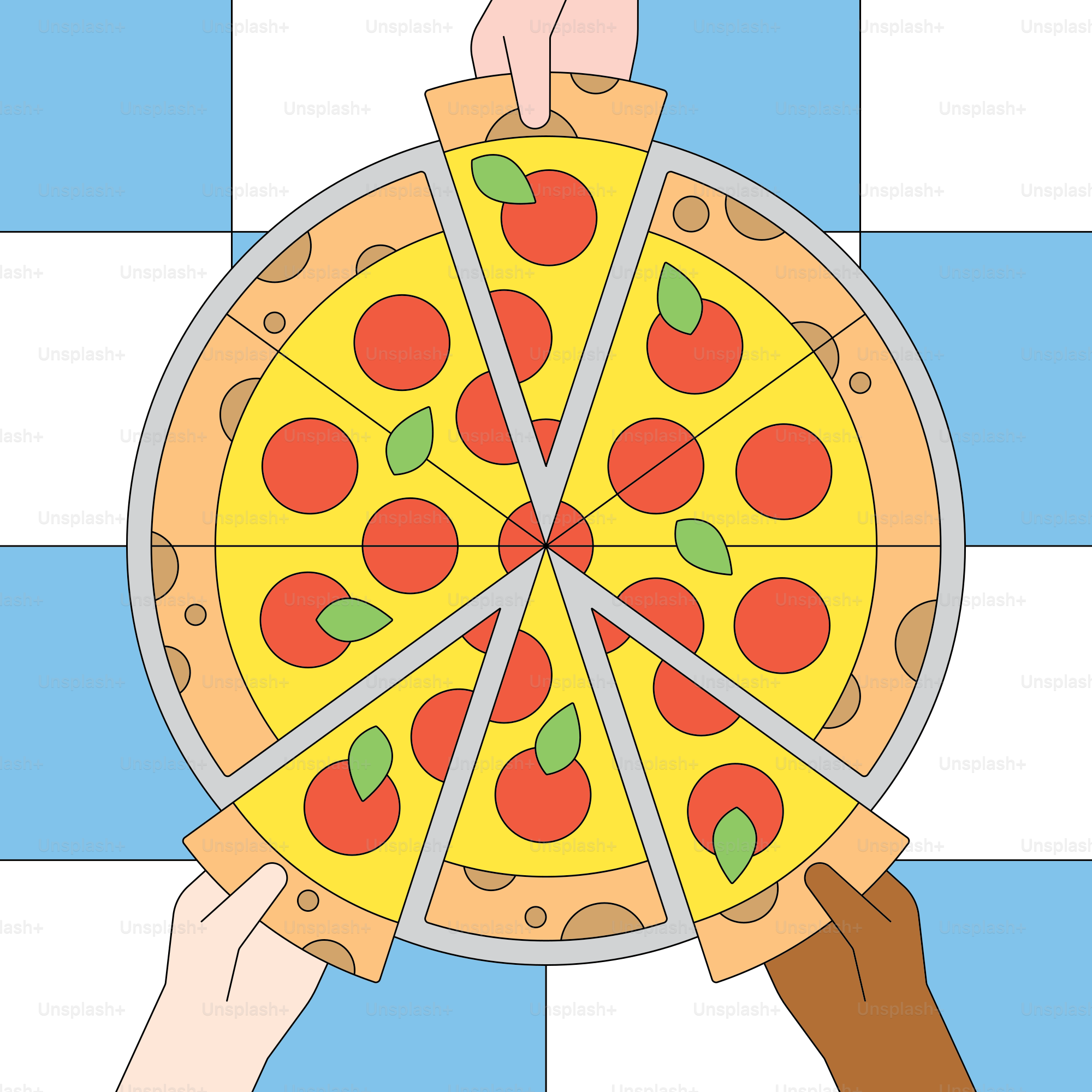 Duas mãos segurando uma pizza em um chão xadrez