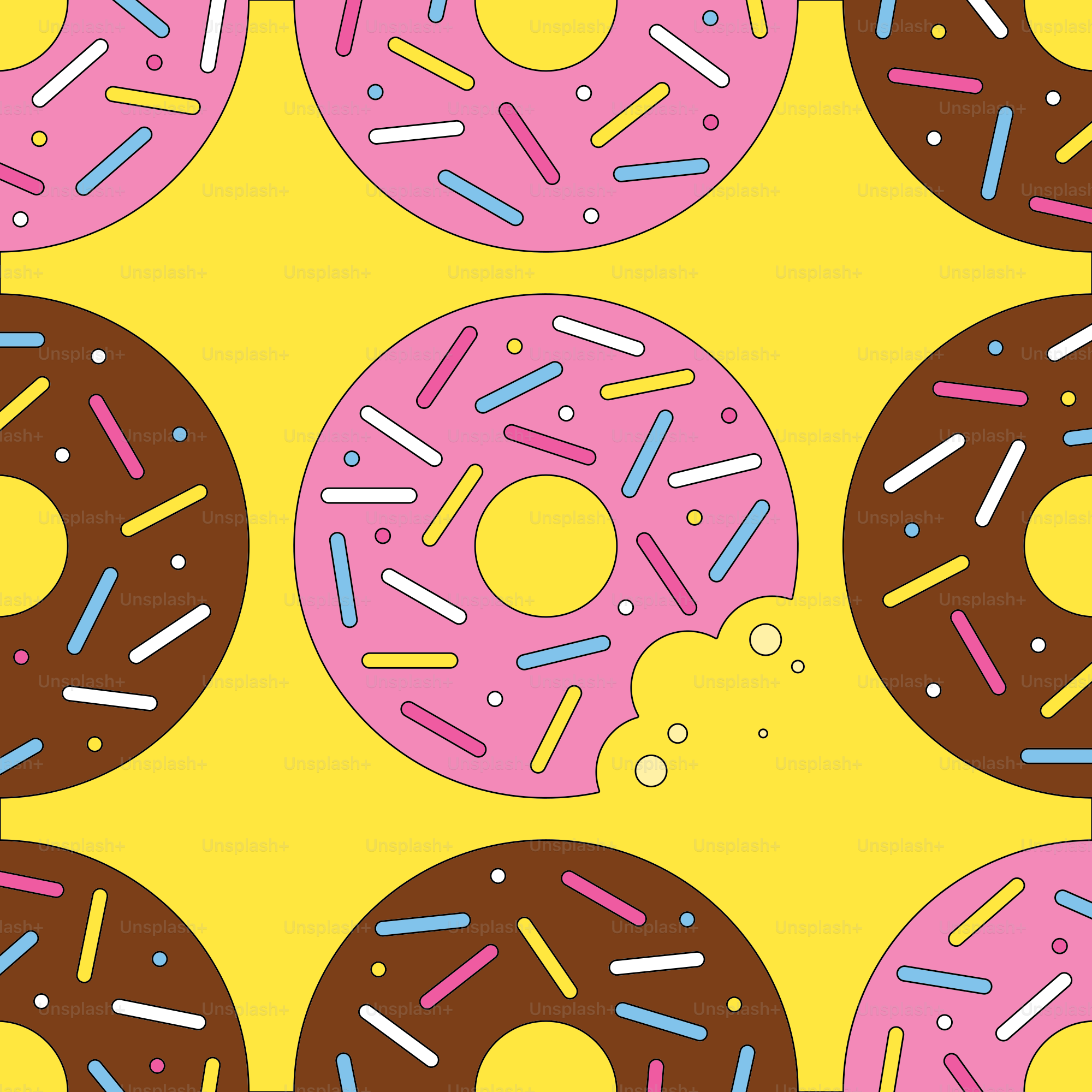 A pattern of donuts with sprinkles on a yellow background