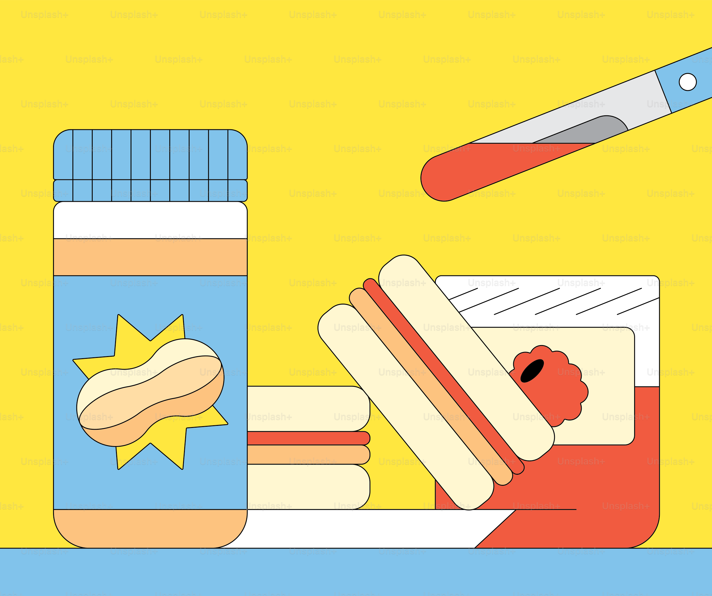 A yellow background with a picture of a hot dog, pills, and a knife