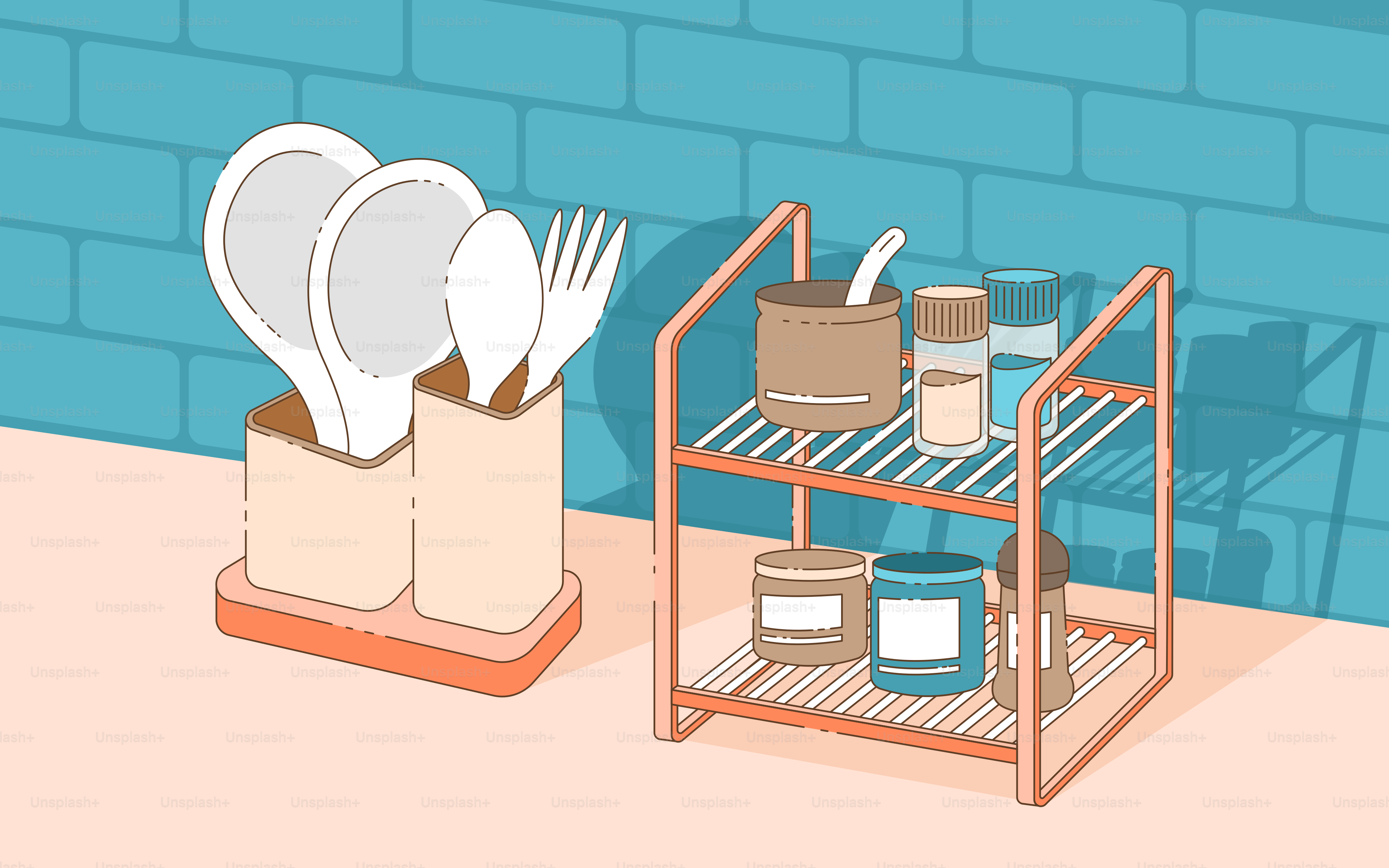 A kitchen shelf with utensils and plates on it