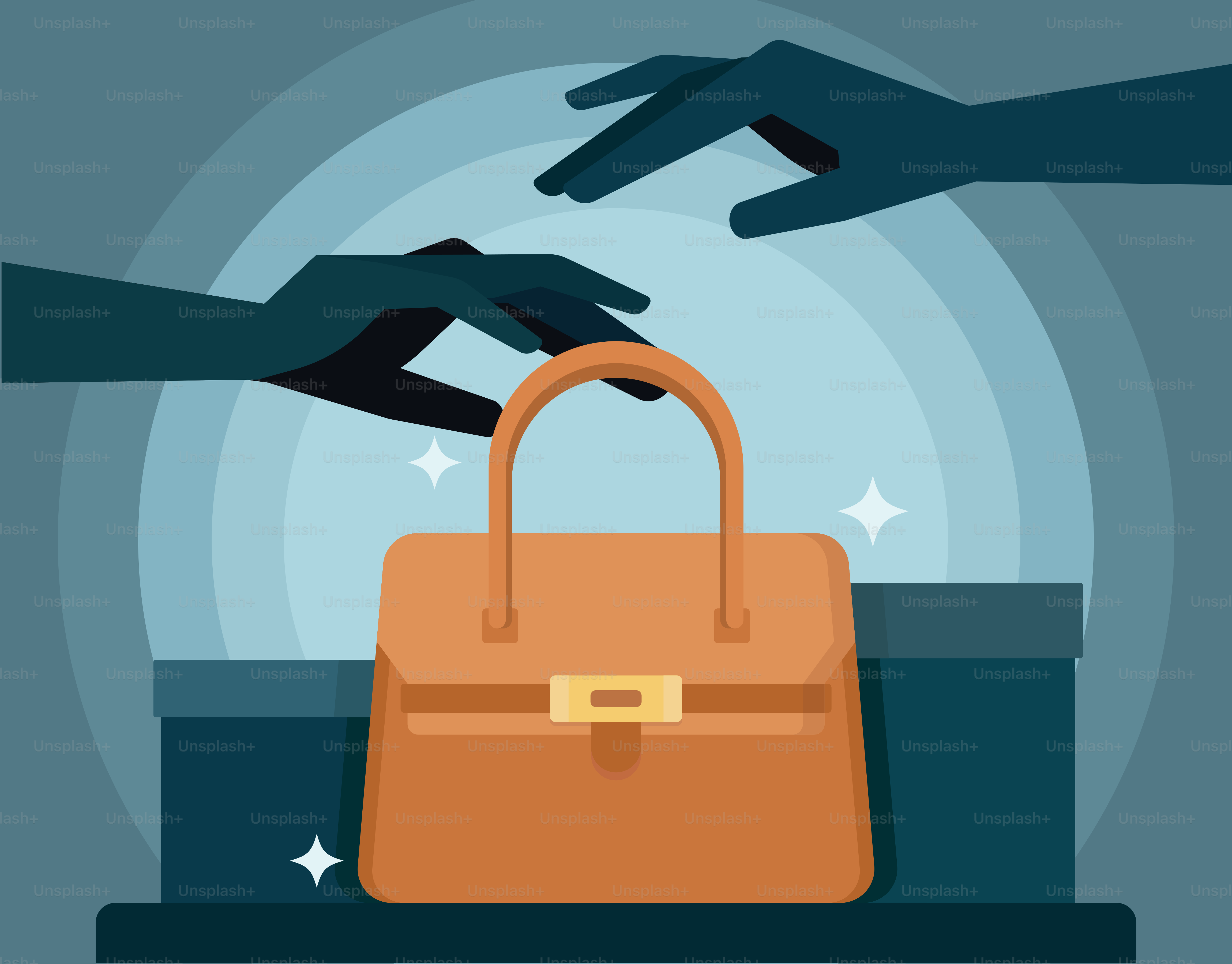 Two hands reaching for a purse on a table