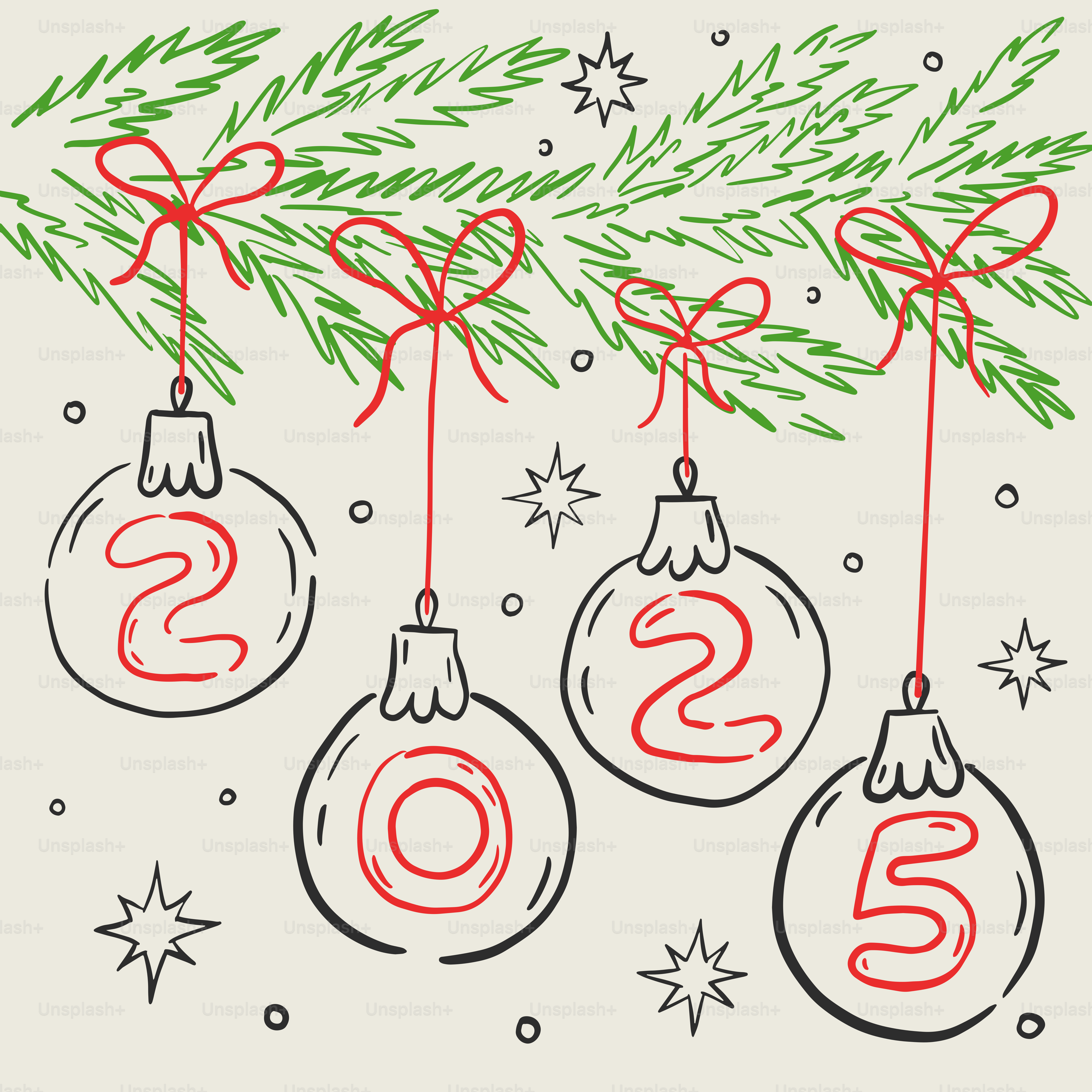 A christmas card with three ornaments hanging from a tree