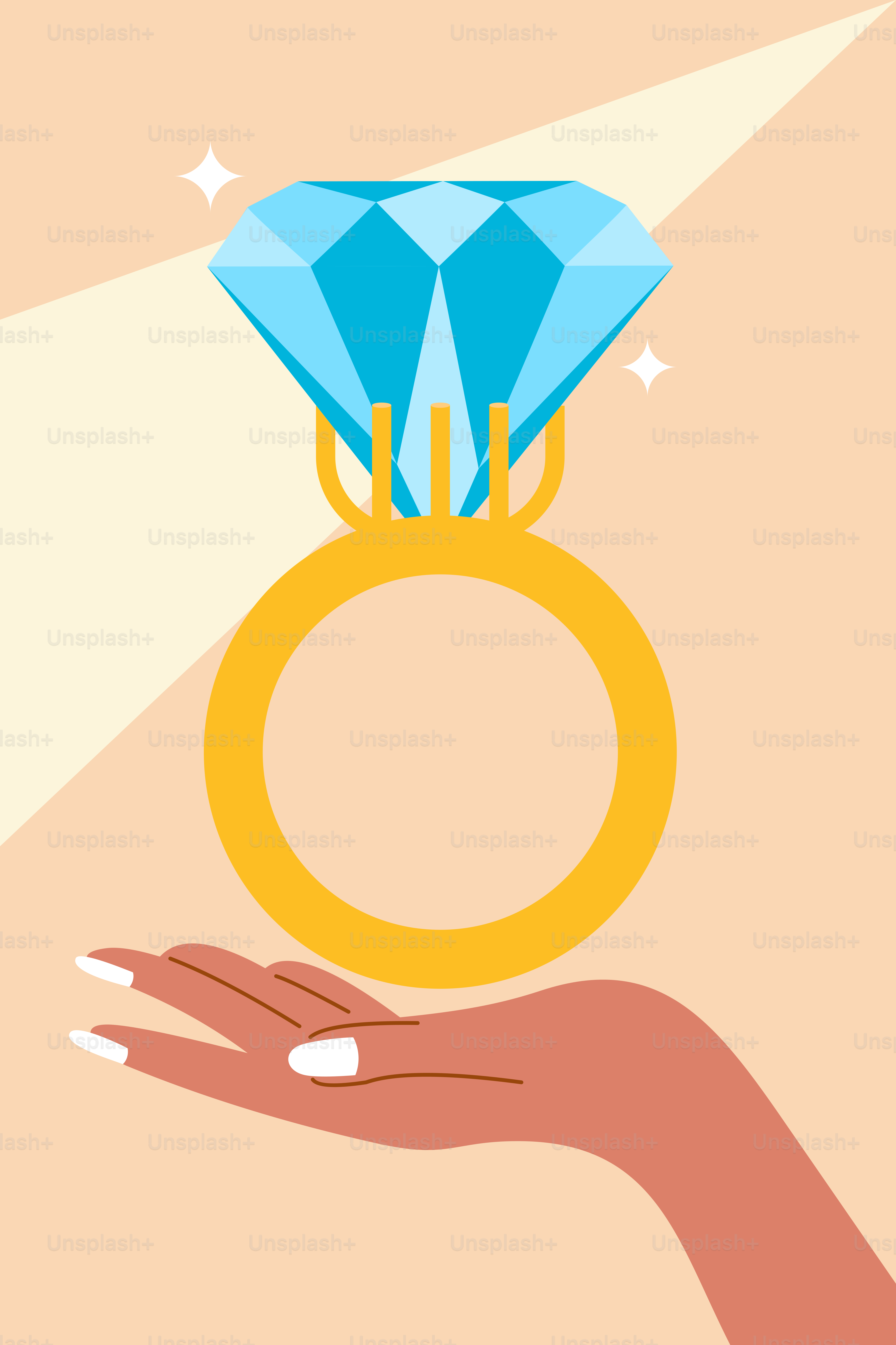 A hand holding a ring with a blue diamond on it