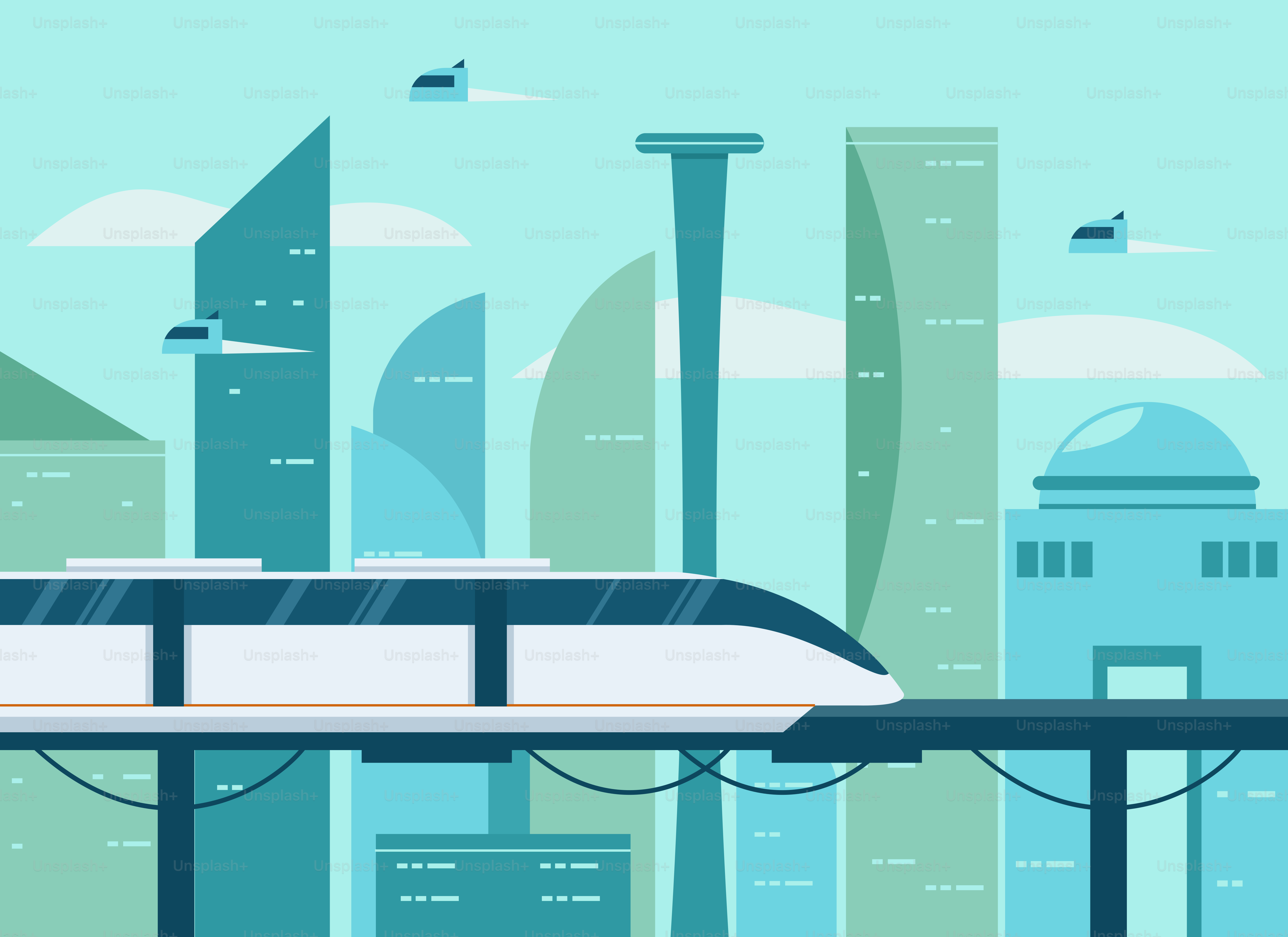 A train traveling through a city next to tall buildings
