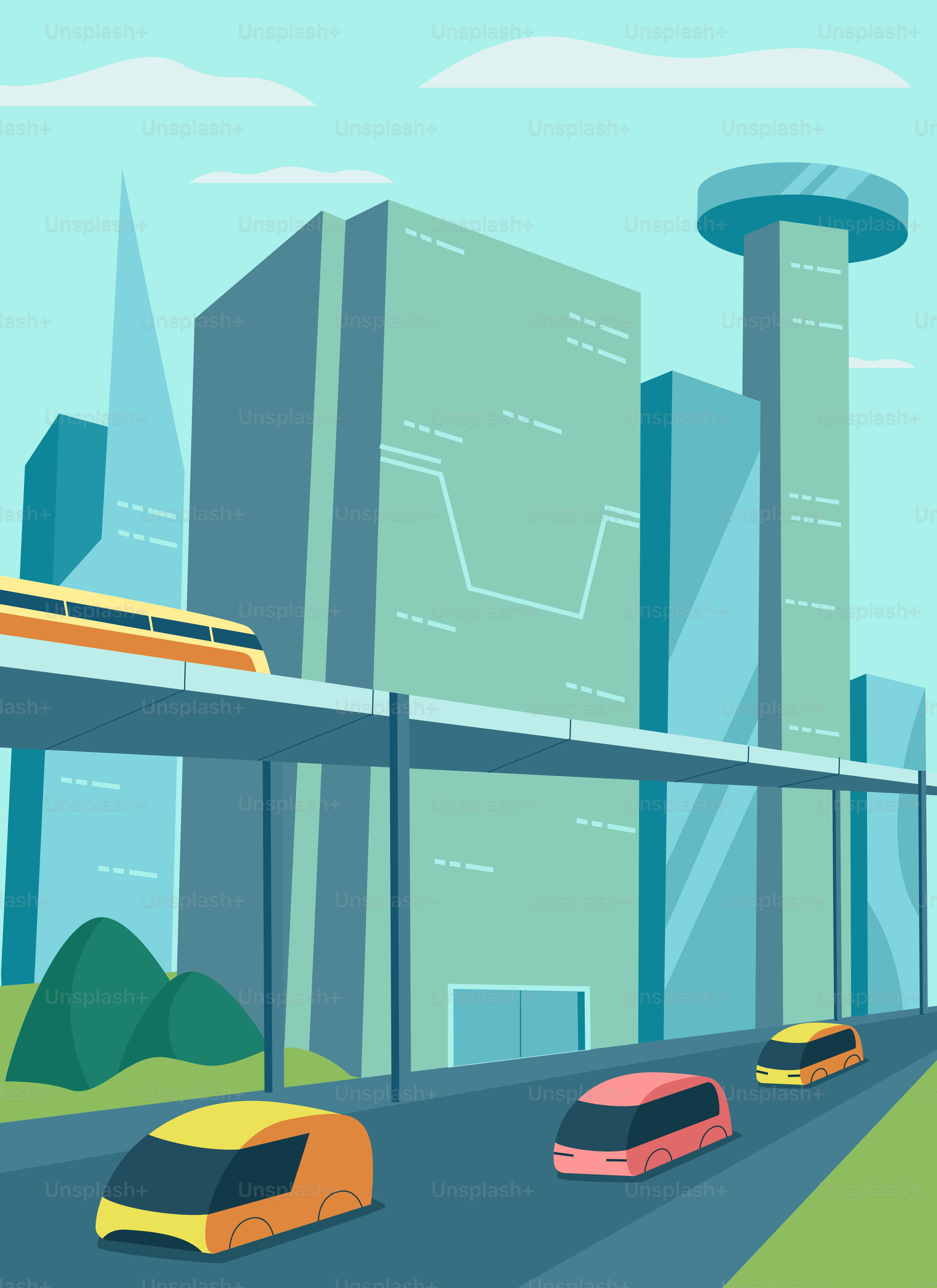 A cartoon of a city with a train on the tracks