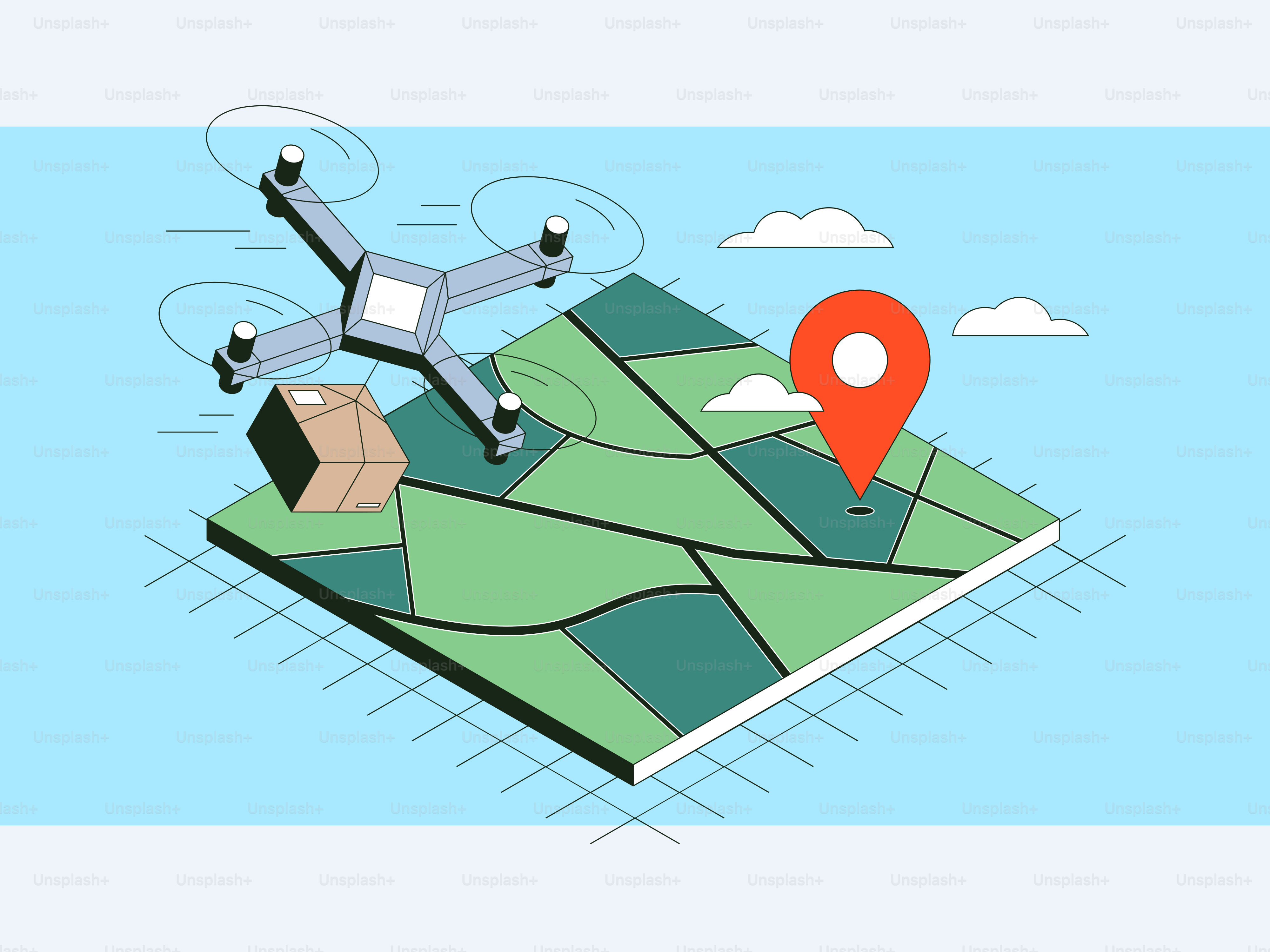 A map with a plane flying over it