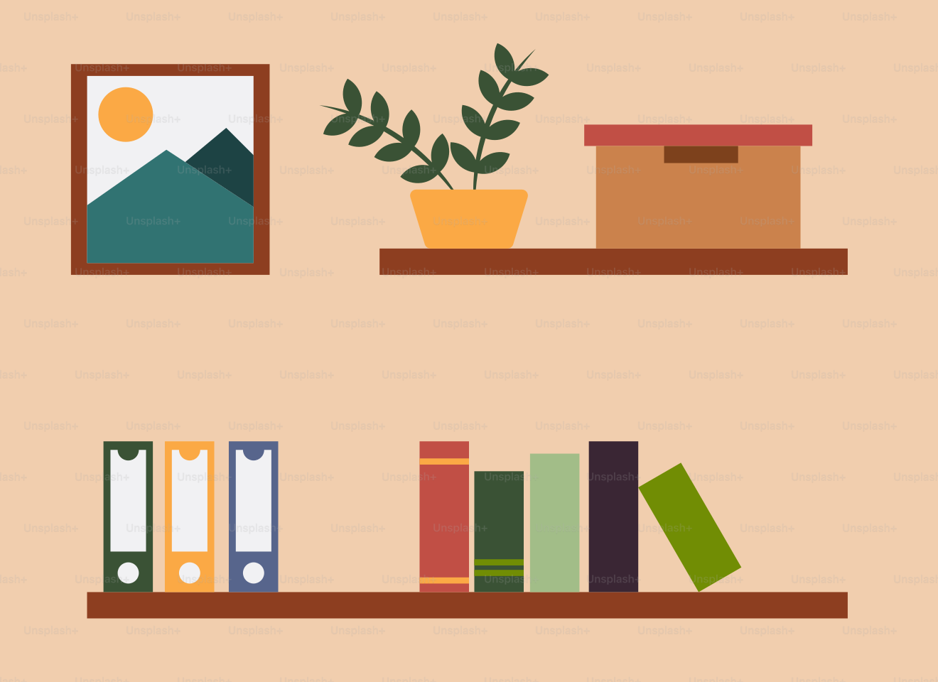 A shelf with books and a plant on it