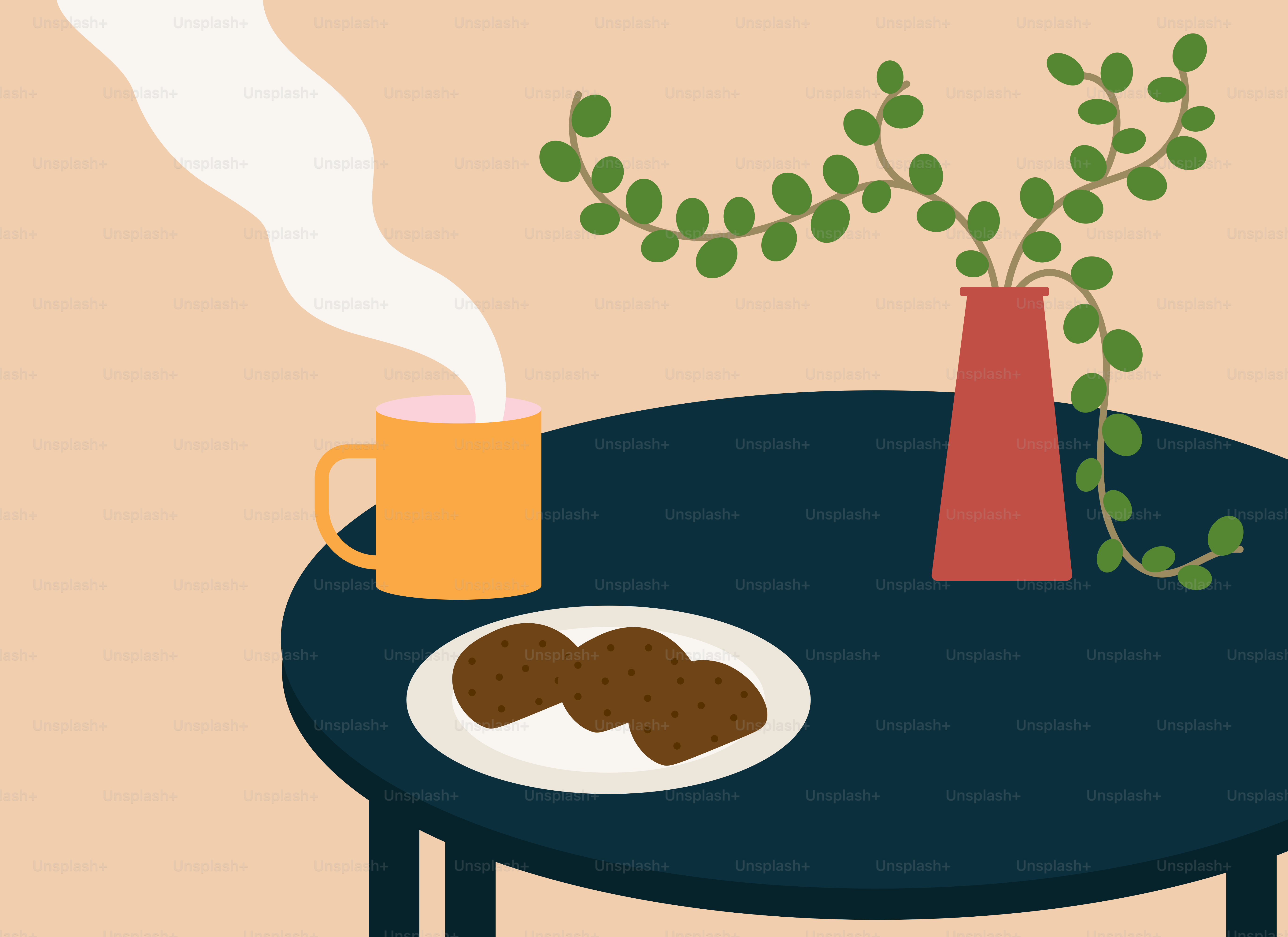 Una mesa con un plato de comida y un jarrón con una planta encima