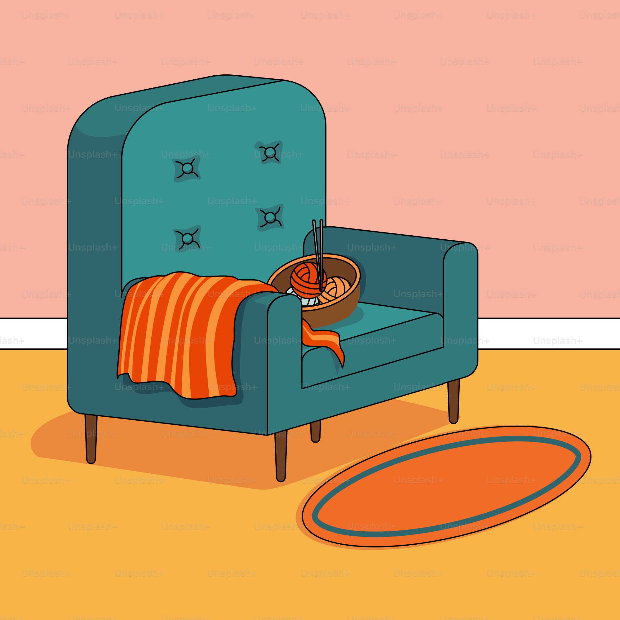 Una silla azul sentada en una sala de estar junto a una alfombra