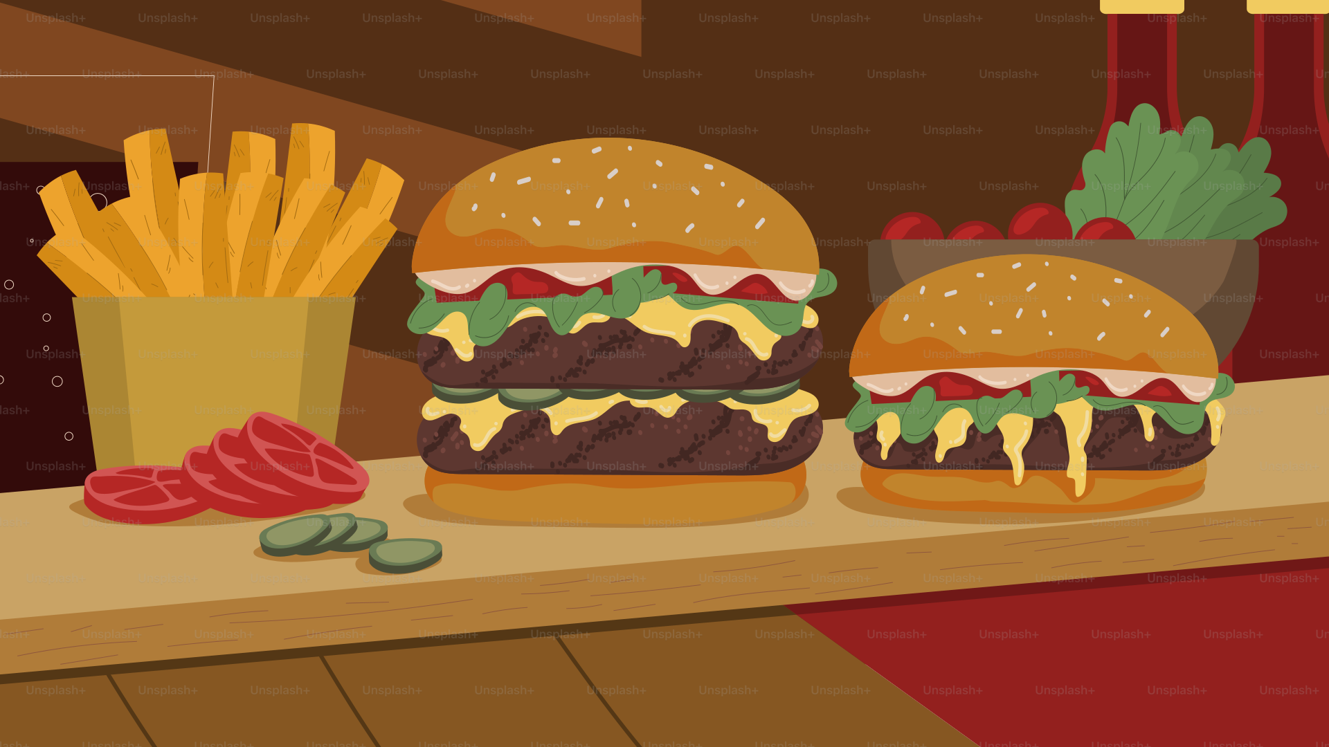 A table topped with two hamburgers and fries