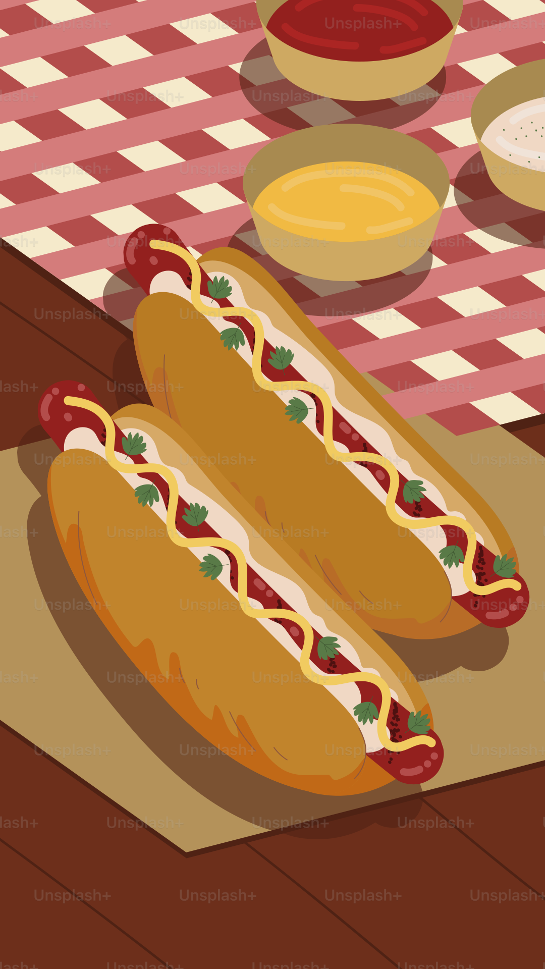 Ein paar Hot Dogs sitzen auf einem Tisch