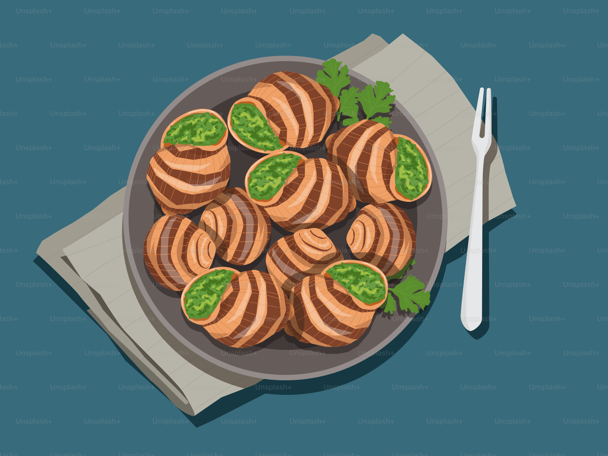A plate of food on a napkin next to a fork and knife