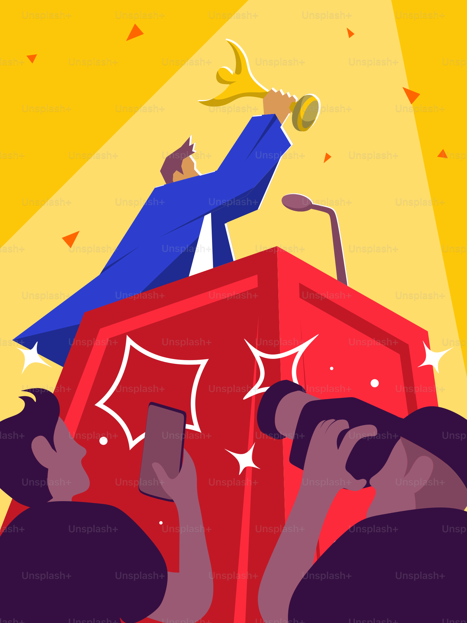 A man standing on top of a red podium