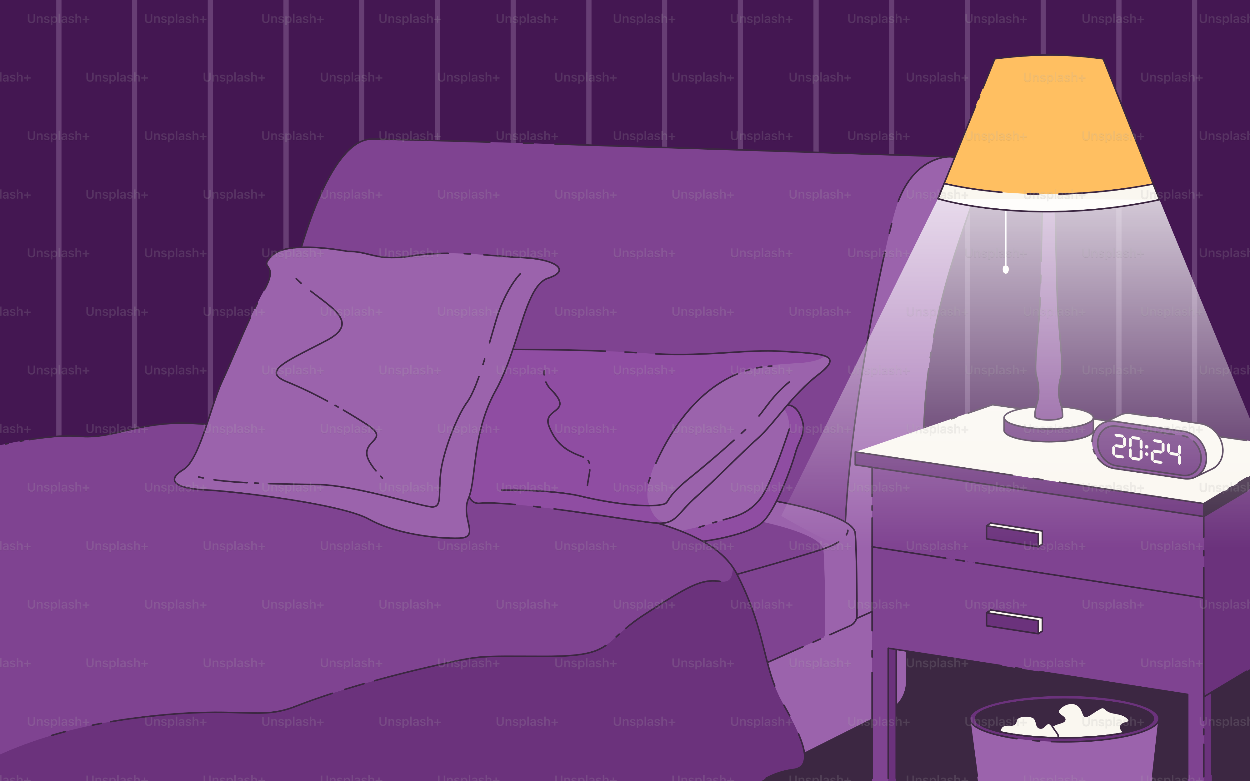 A bedroom scene with a bed and a night stand