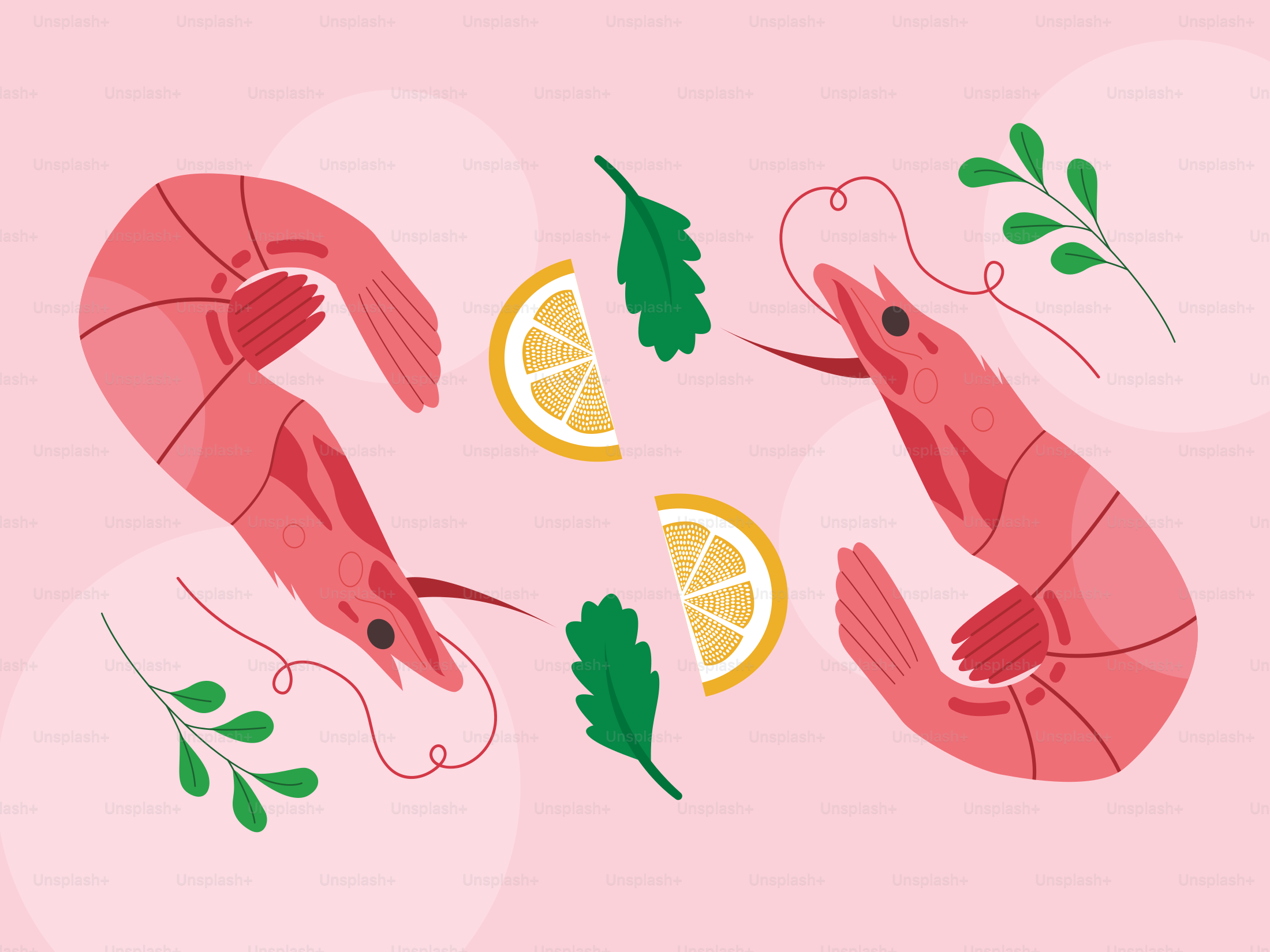 Um fundo rosa com camarão e fatias de limão