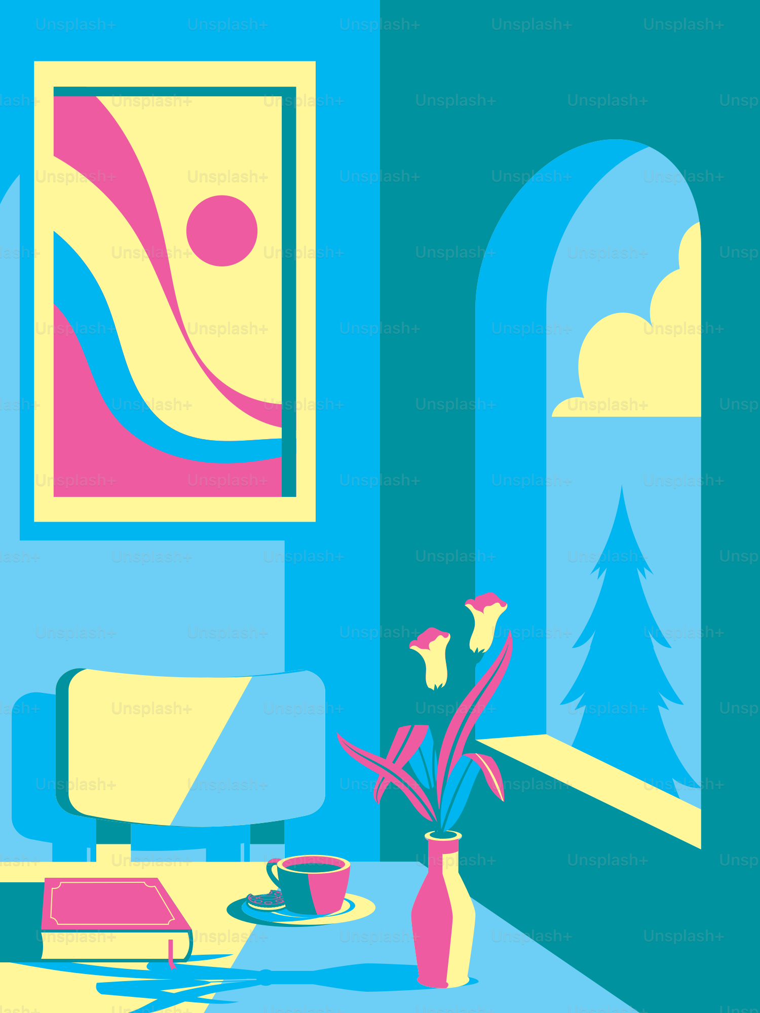 A living room filled with furniture and a painting on the wall