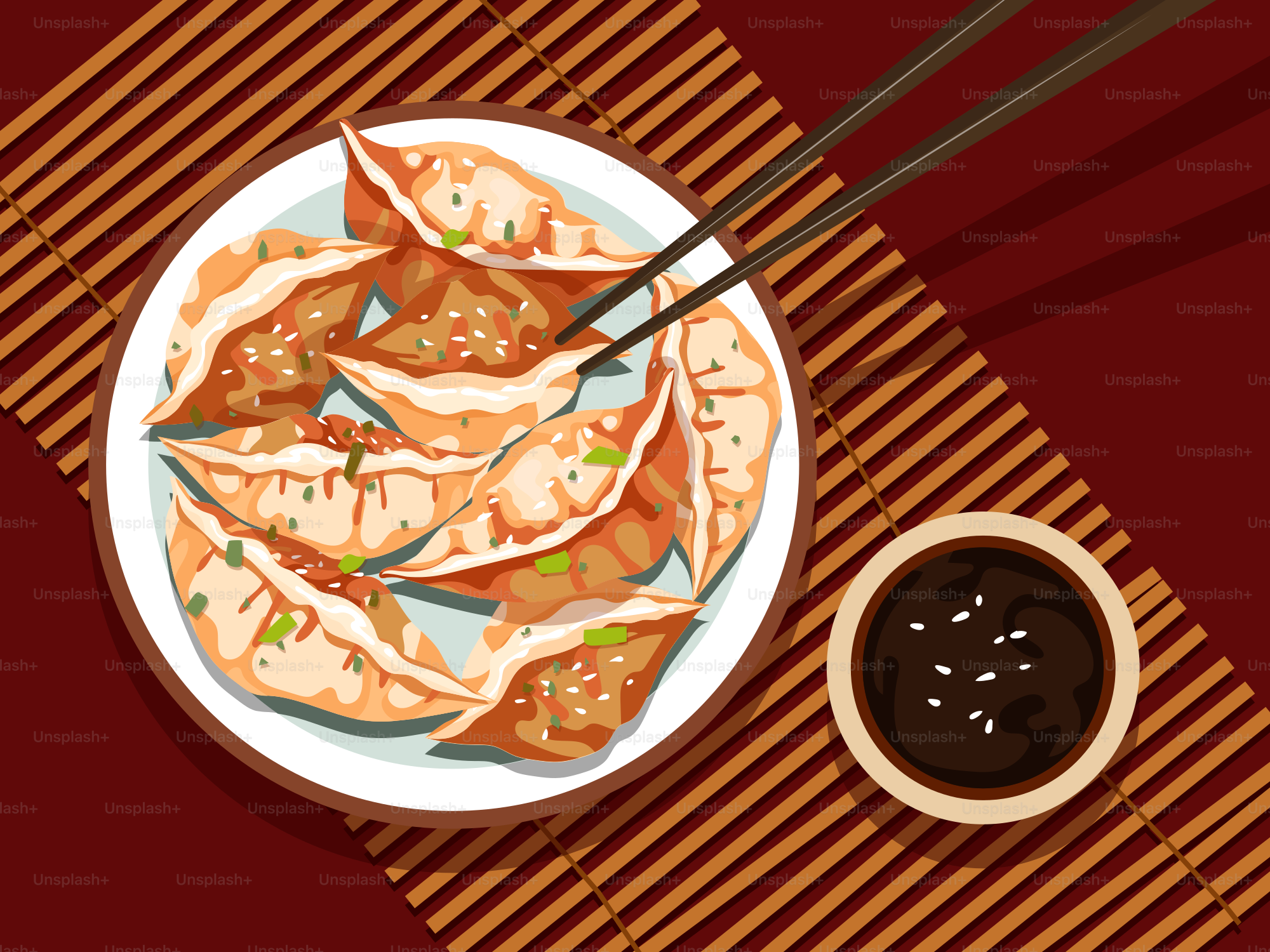 A plate of food with chopsticks and sauce