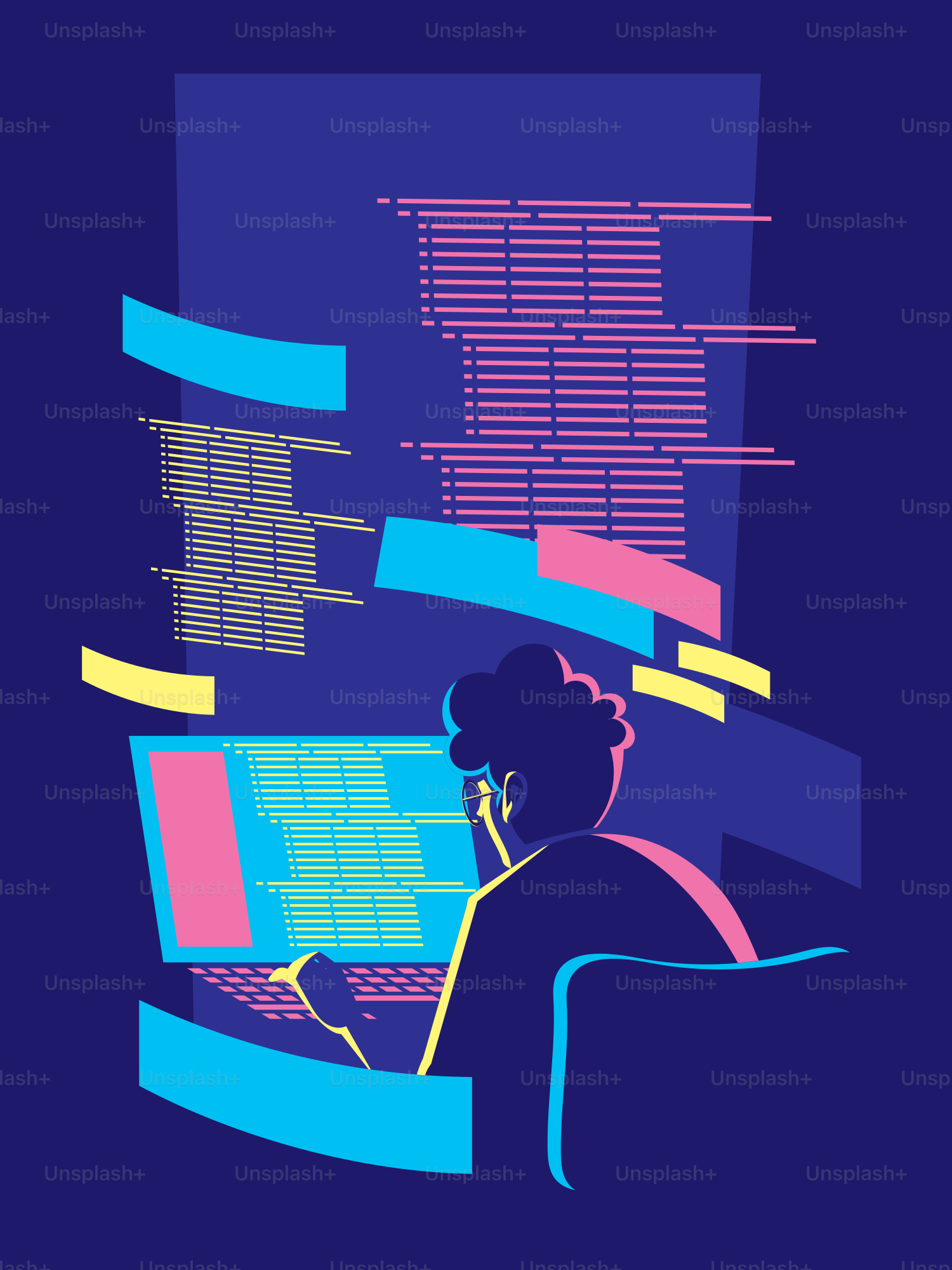 A woman sitting at a computer with a blue background