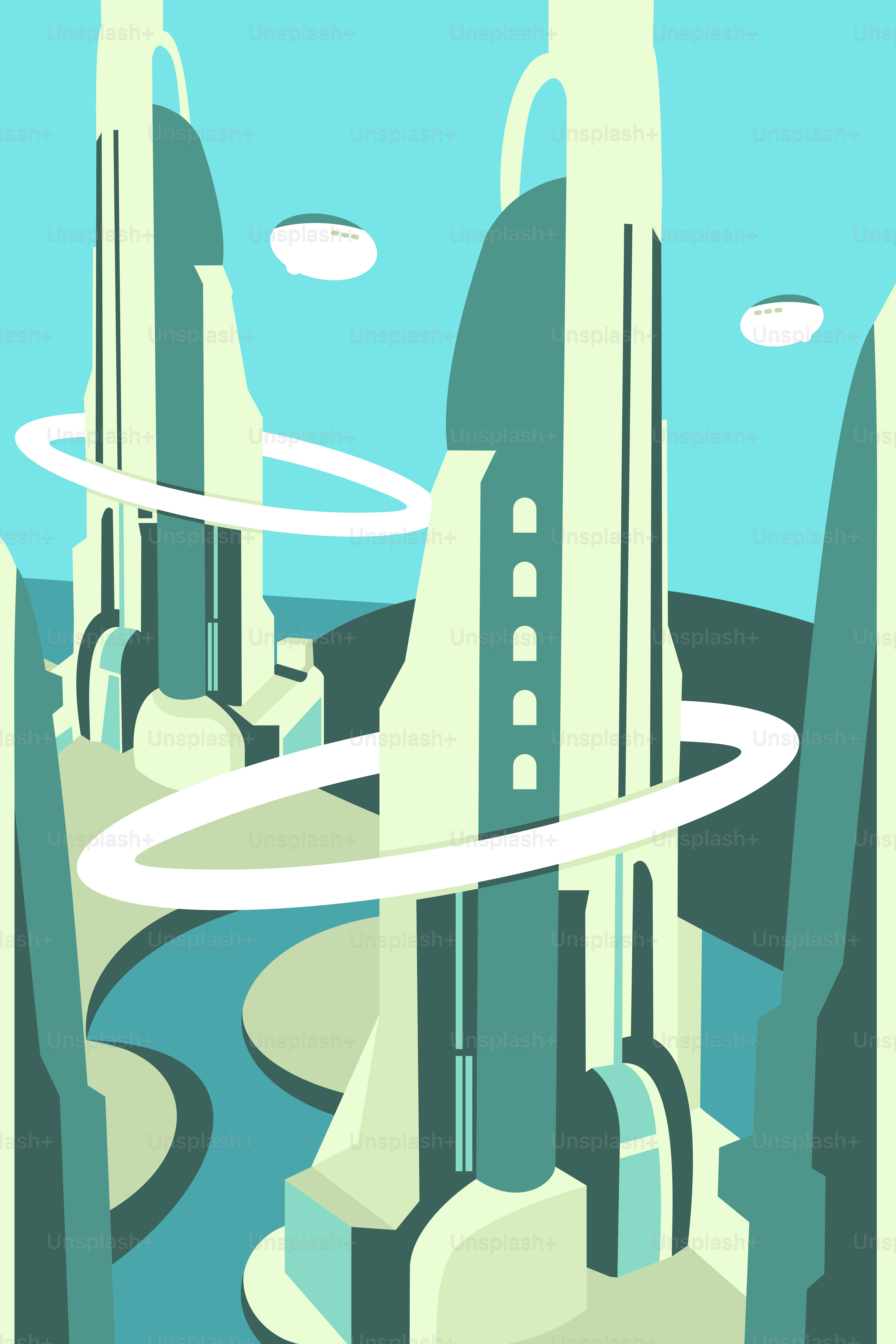 Un cartel de una ciudad futurista rodeada de edificios altos