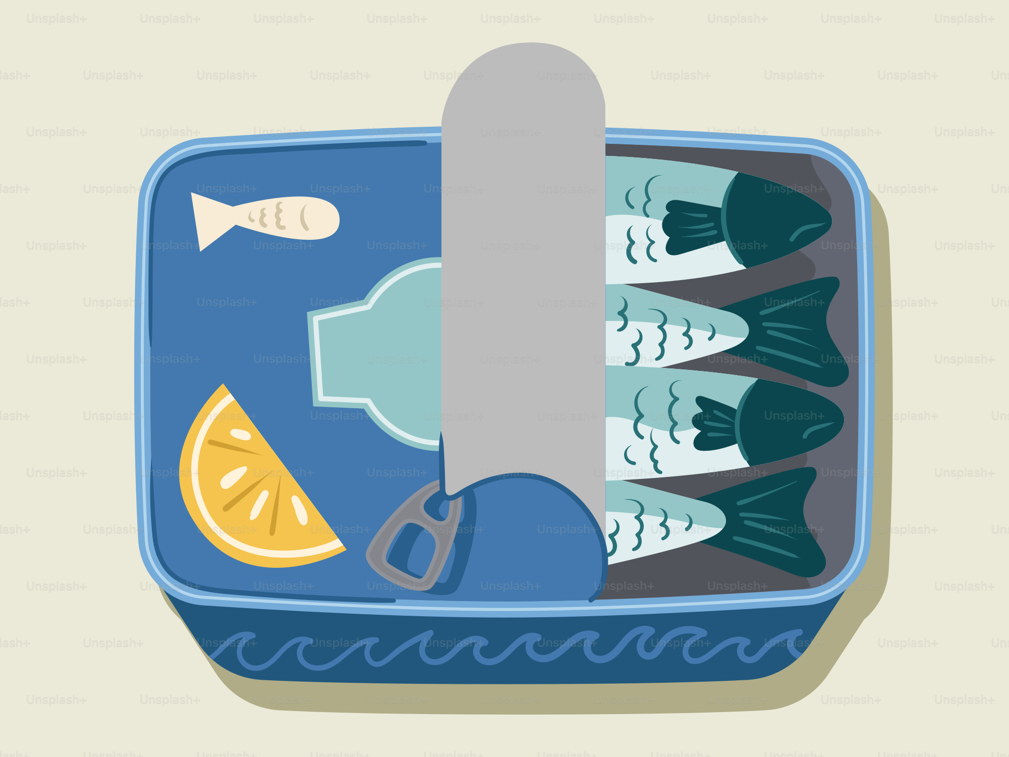 An illustration of fish in a container with a knife