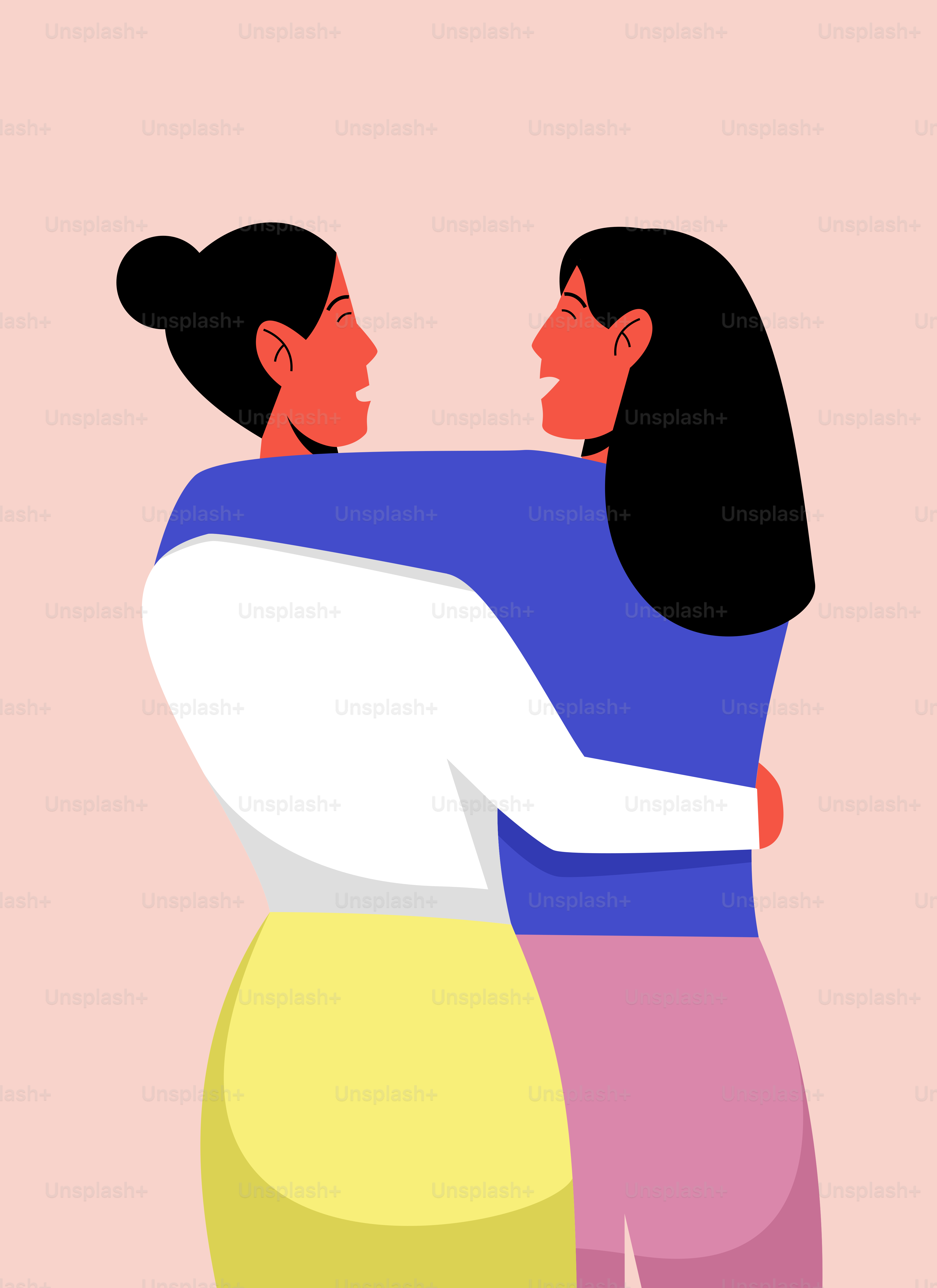 Two women hugging each other with a pink background