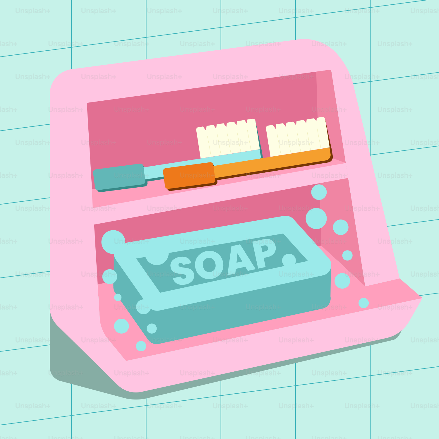 A pink soap dispenser with a toothbrush on top of it