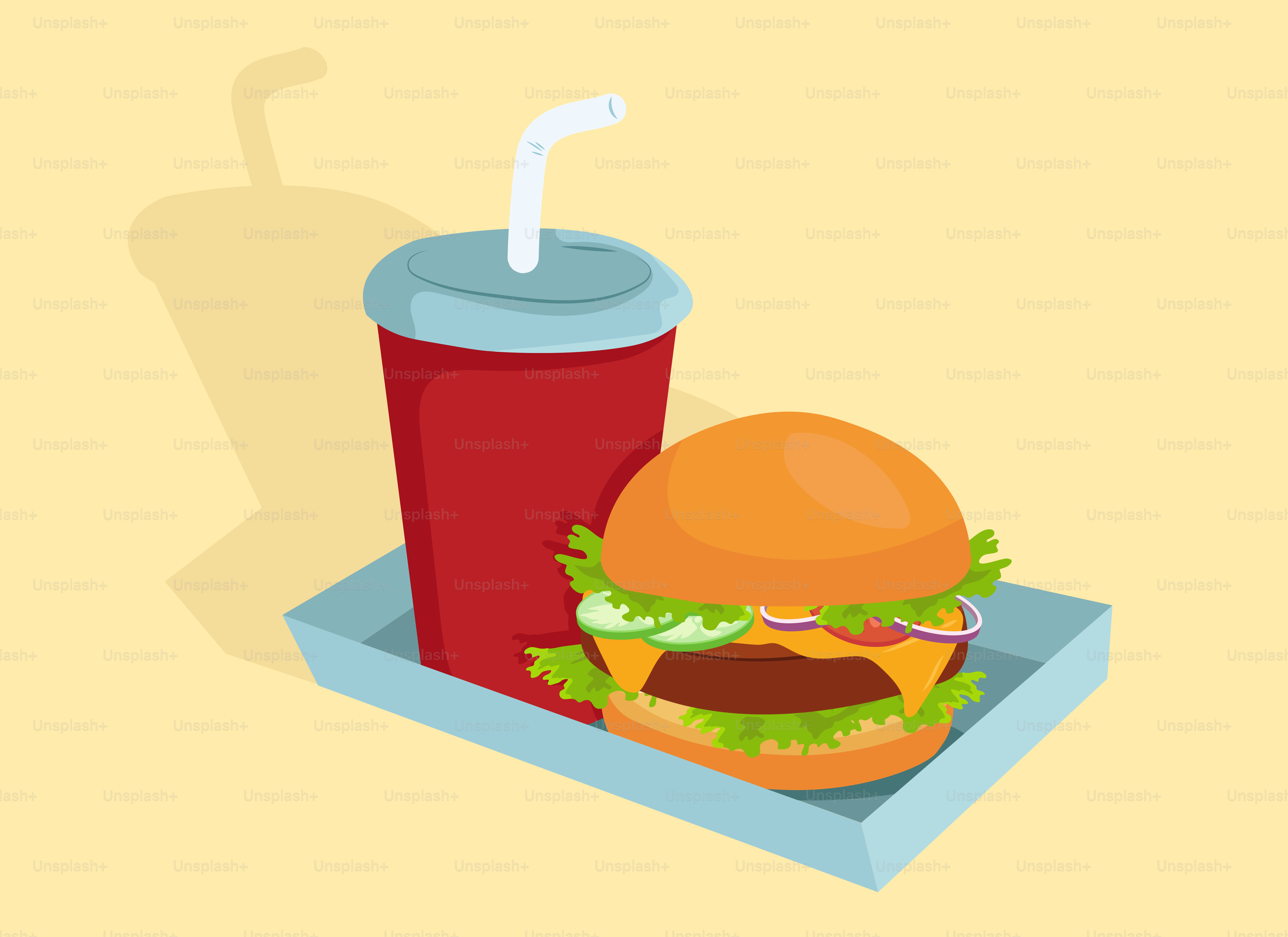 A hamburger and a drink on a tray