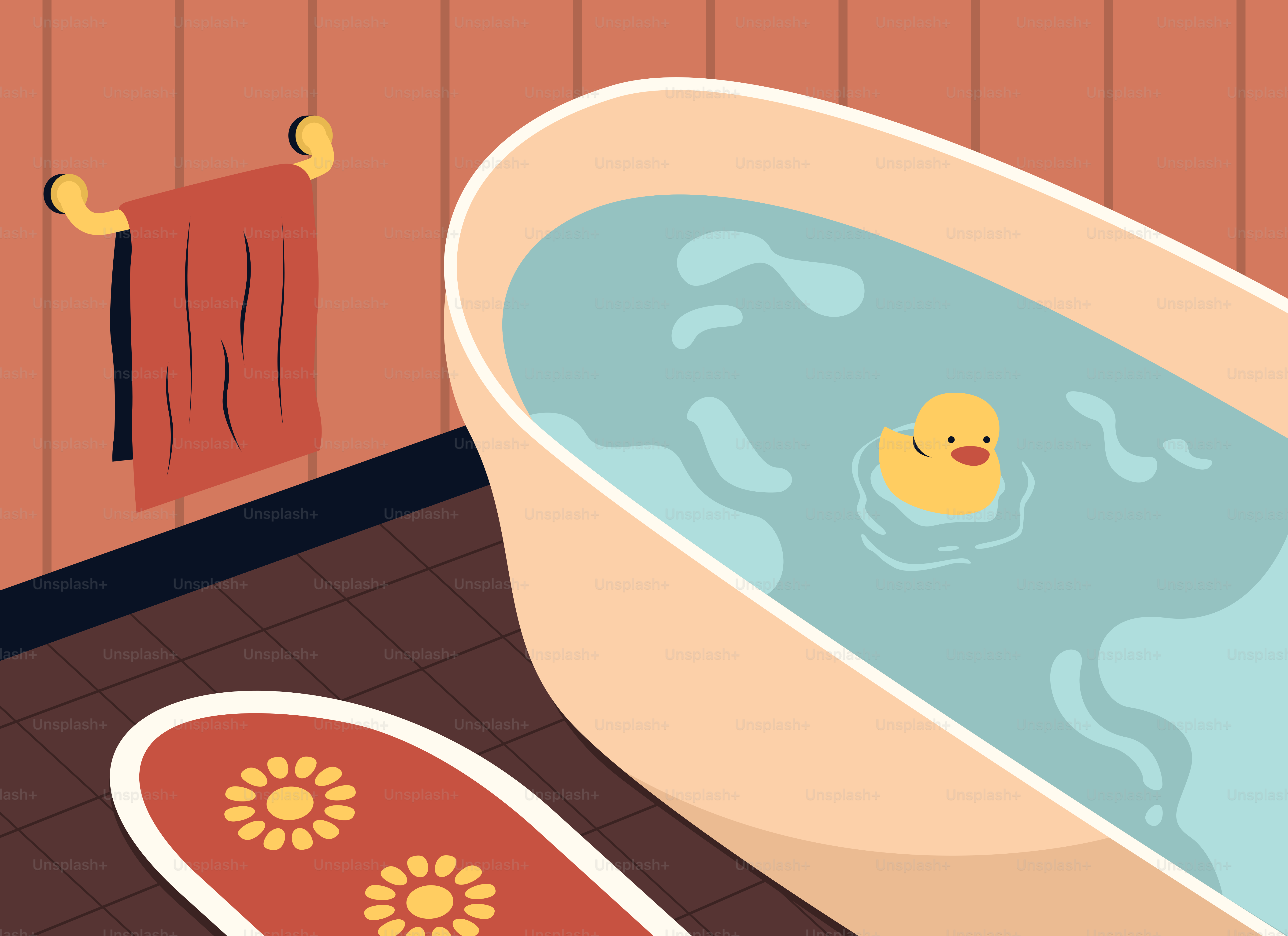 A bathtub with a rubber ducky on the floor