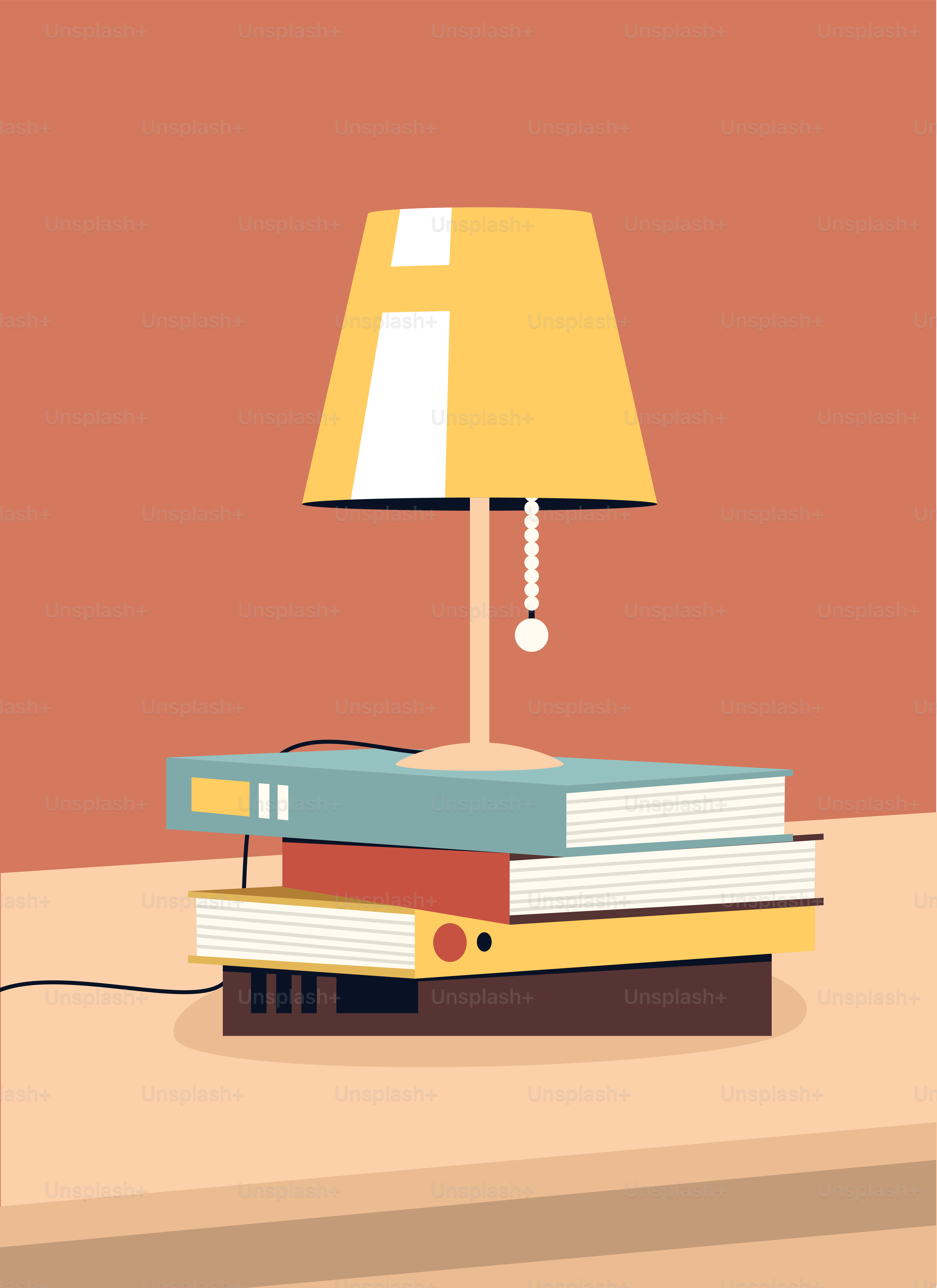 A lamp sitting on top of a table next to a pile of books