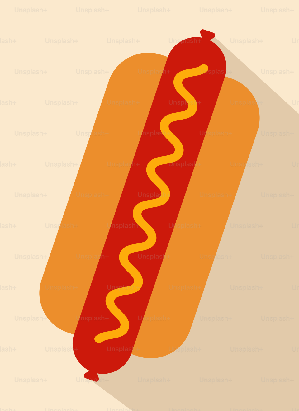 Ein Hot Dog auf einem Brötchen mit langem Schatten